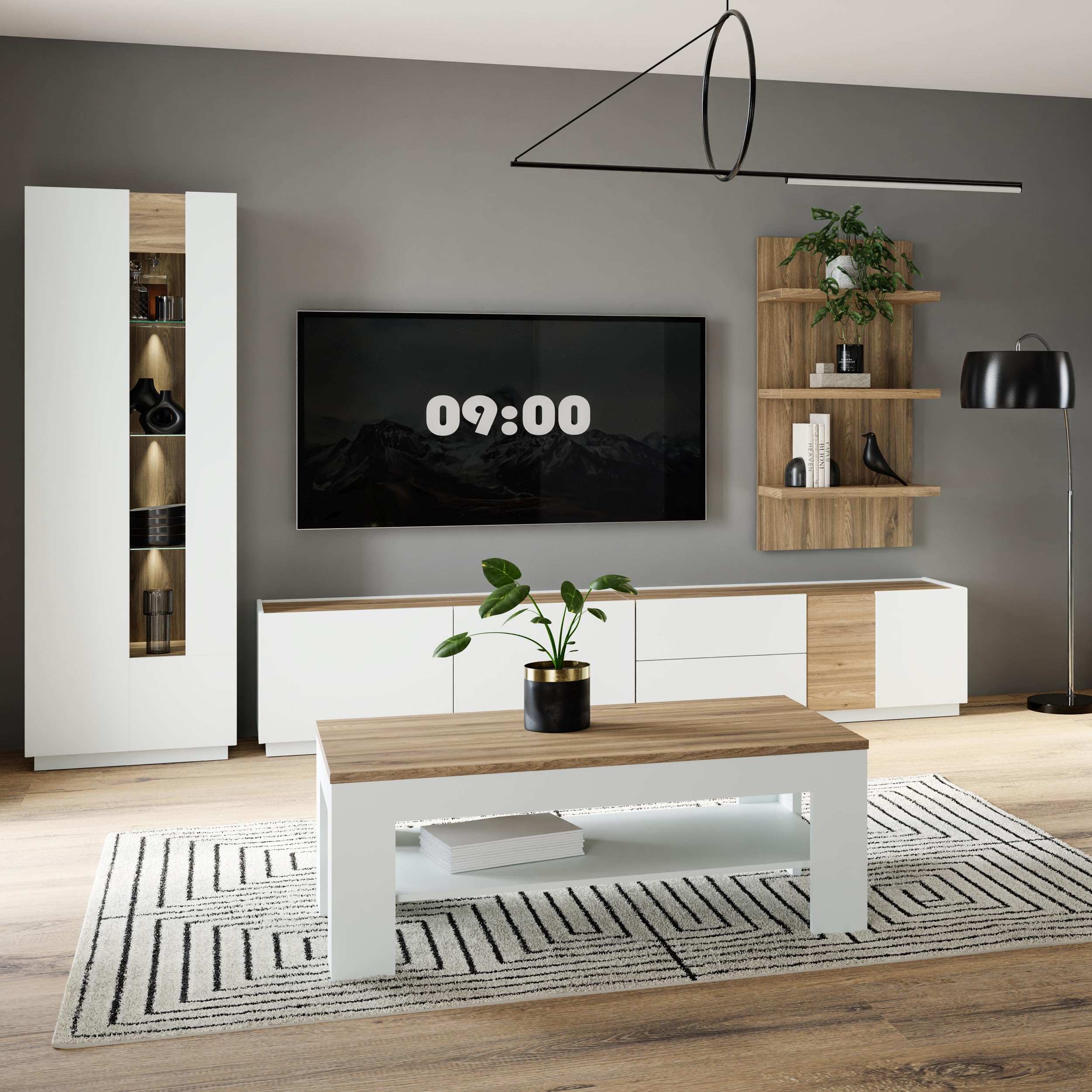 Forte Lewisville Couchtisch 110, moderner Sofatisch mit Ablagefach, Holzwerkstoff, Wohnzimmer, Secret Grey | Valenica Eiche Holzdekor, 110 cm breit x 45,5 cm hoch x 60 cm tief