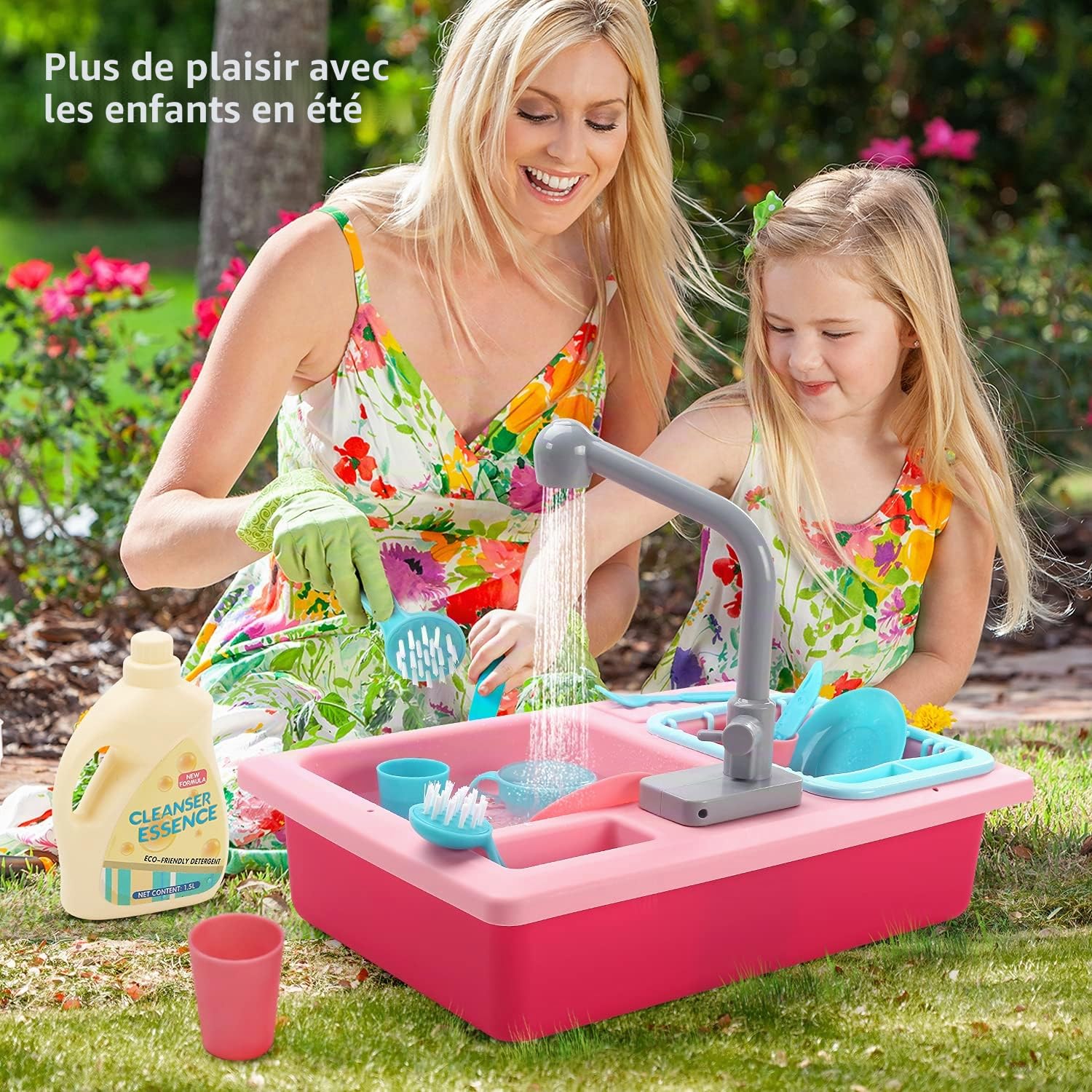 cute stone Ensemble évier de Cuisine avec Robinet d'eau Chaude, système de Recyclage de l'eau, dînette Qui Change de Couleur et Fruits à découper Jouet pour Enfants à partir de 3 Ans Rose