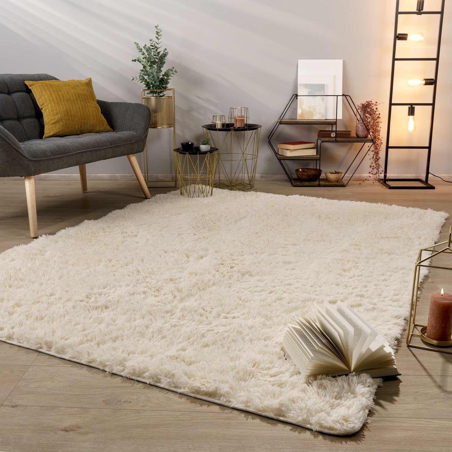 TT Home Teppich Wohnzimmer Hochflor Langflor Weich Soft Modernes Einfarbiges Design, Farbe: Hellbeige Creme, Größe:120 cm Rund