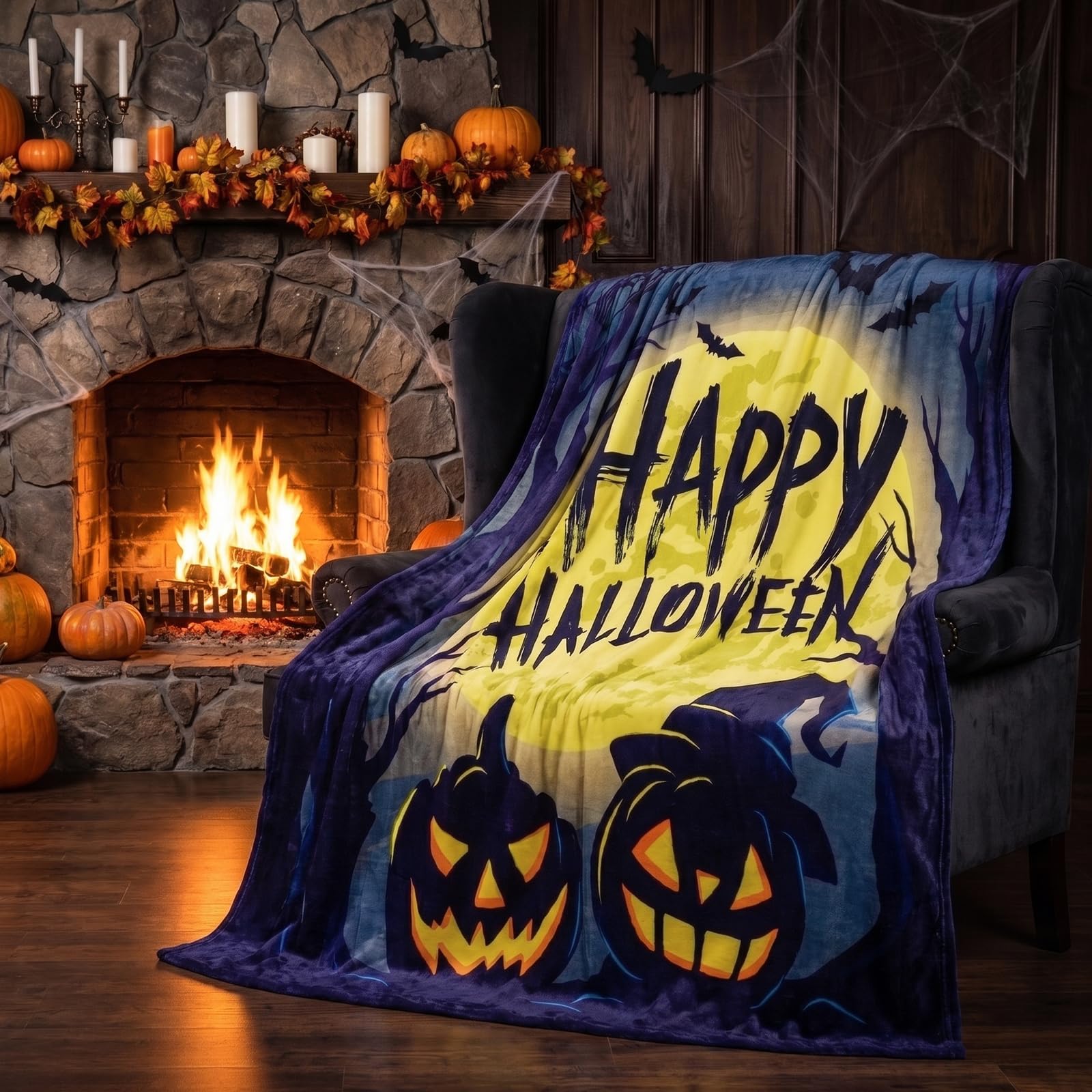 Halloween Blanket 130 x 150cm Soft and Cosy pumpkin bat pattern blanket