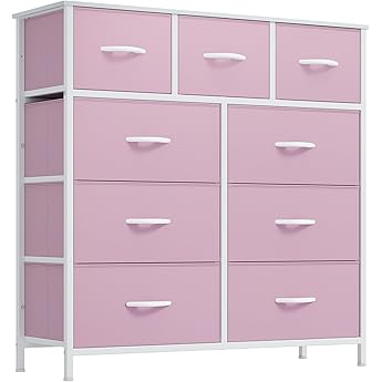 DWVO Dresser for Bedroom with 9 Drawers, Fabric Storage Dresser for Living Room, Closets - Sturdy Steel Frame, Wooden Top & Easy Pull Fabric Bins(Pink)