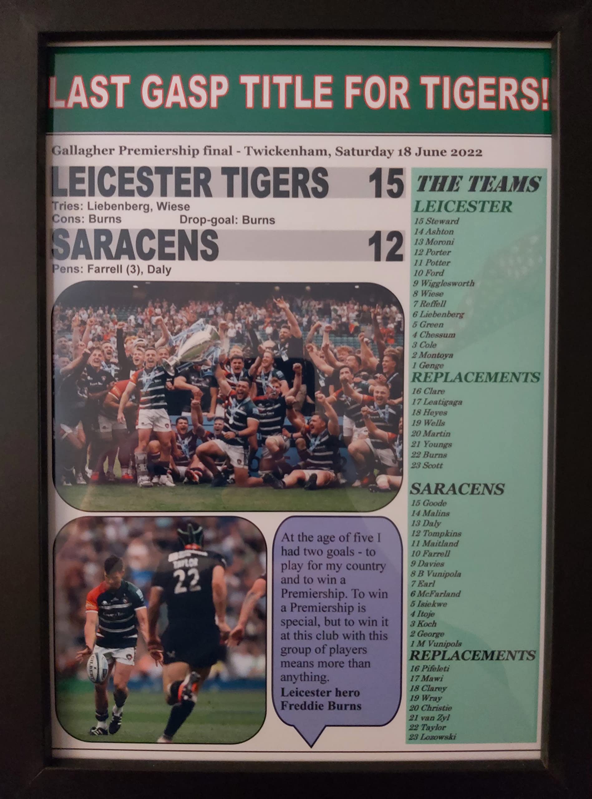 Assorted Leicester Tigers 15 Saracens 12-2022 Premiership final - framed print