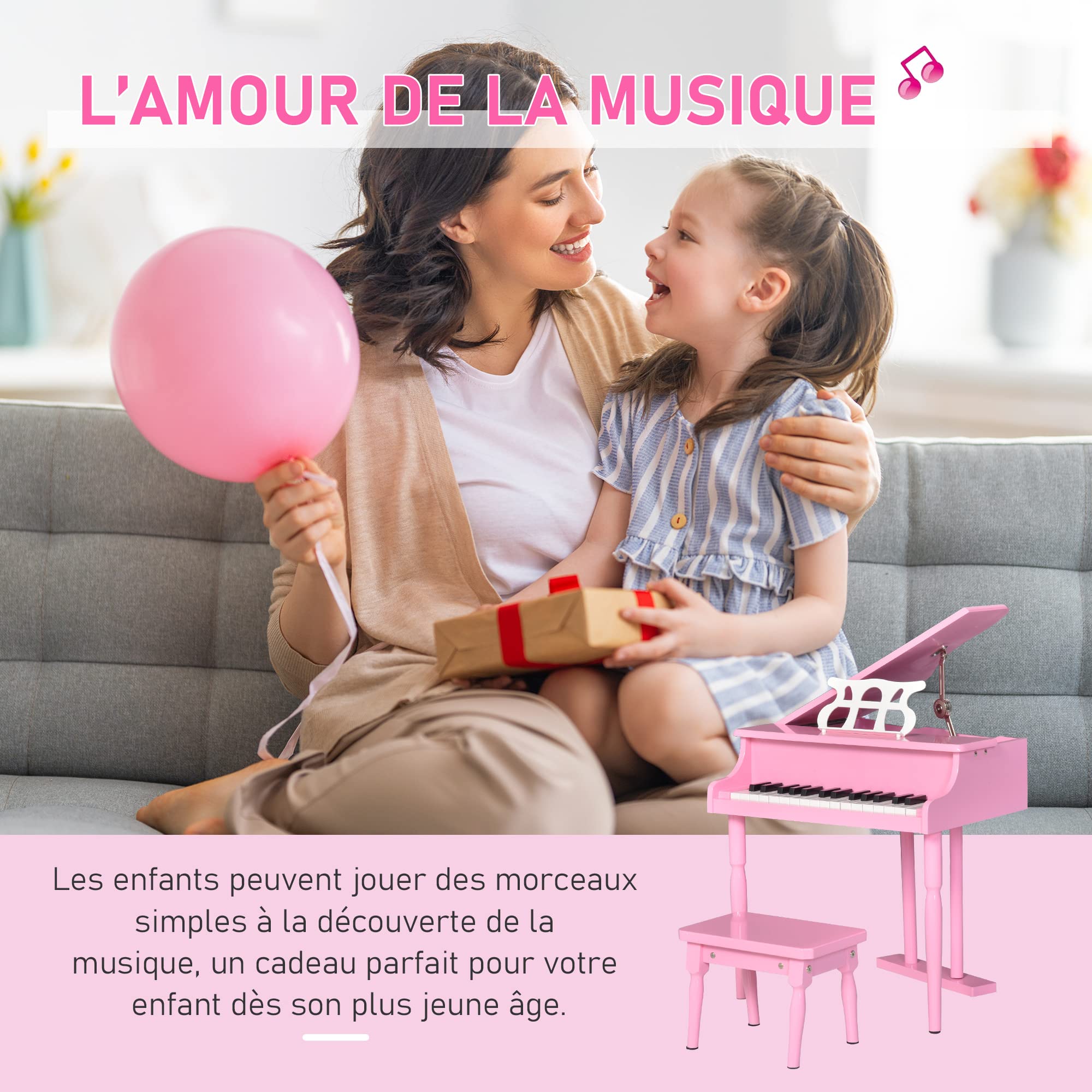 HOMCOM Piano mit Schwanzstück für Kinder, aus Holz, 30 Tasten, Hocker, MDF, Rosa | Klaviertastatur für Kinder, Musikinstrument