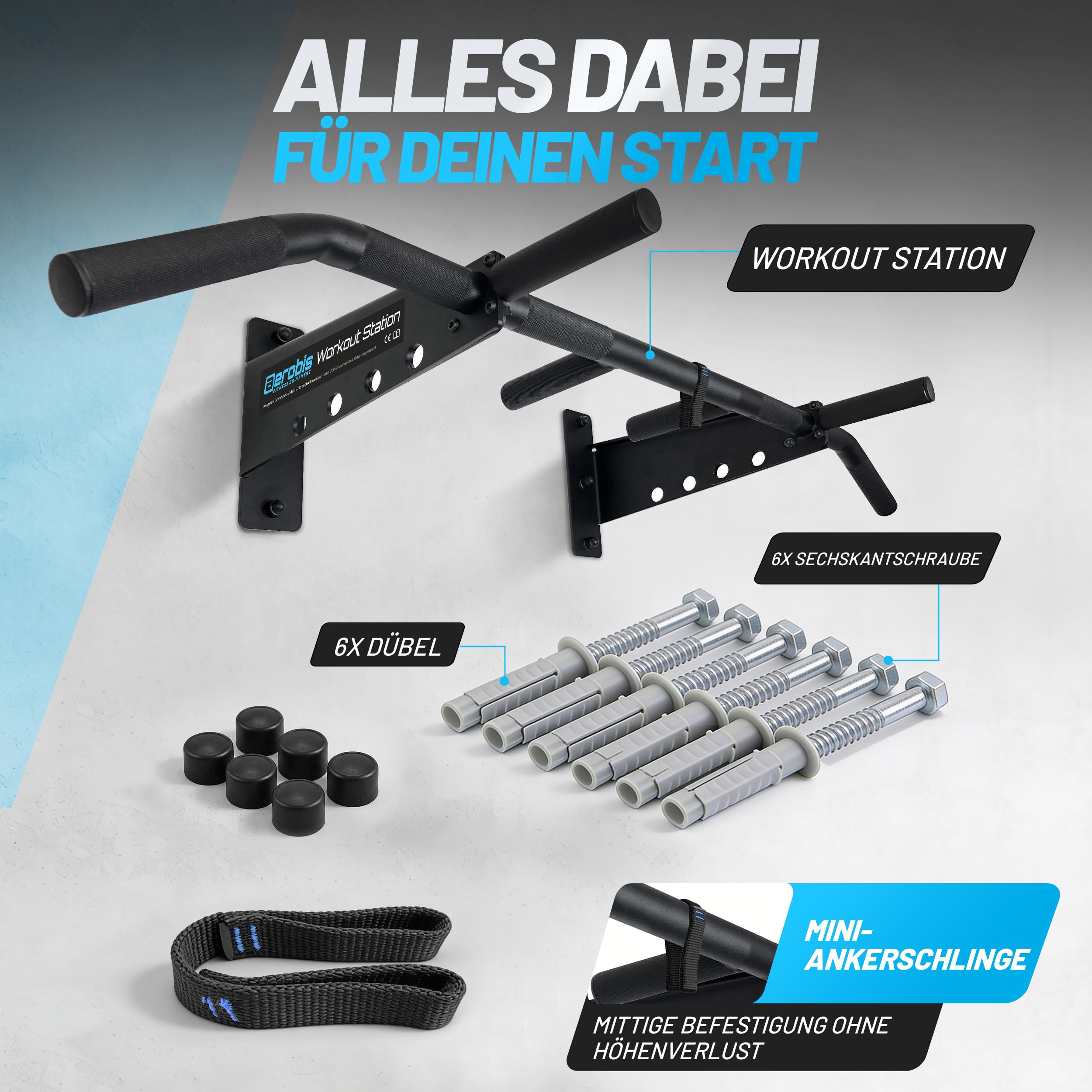 aerobis® Klimmzugstange Wand - Wand- & Deckenmontage bis zu 200kg | Inklusive Montageset & Schlingentrainer - Reckstange indoor, Trainingsstange, Klimmzug