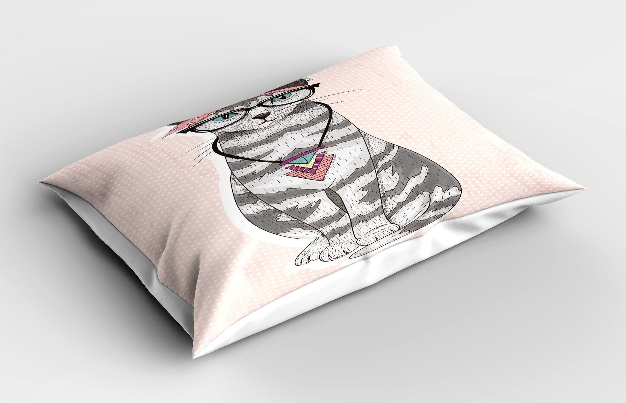 Ambesonne Cat Pillow Sham, Pop Art Vibes Kitty Illustration with Glasses on Blushy Tone Polka Dotted Backdrop, Decorative Standard Size Printed Pillowcase, 26