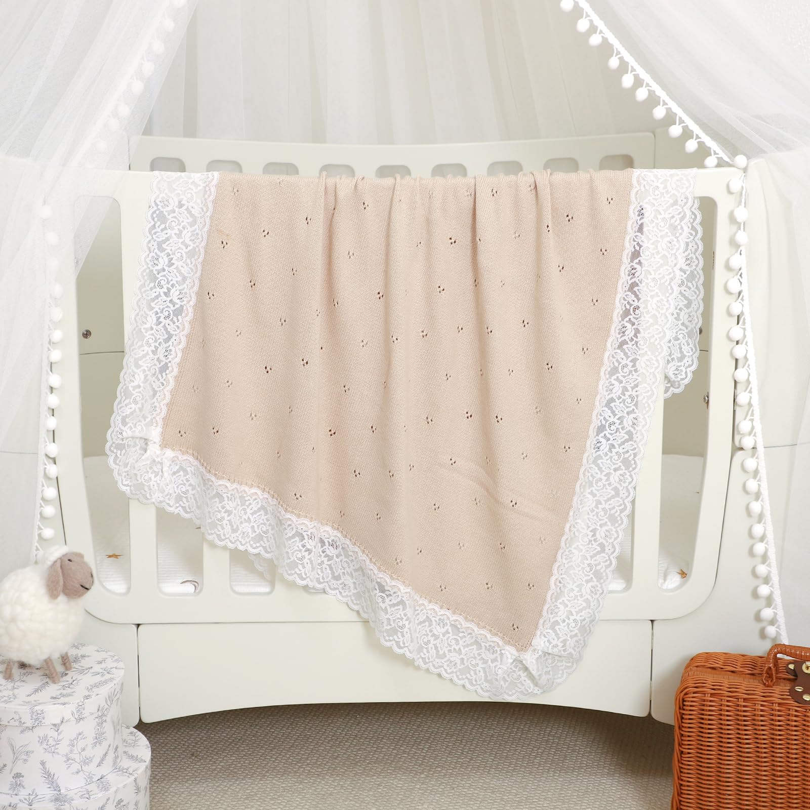 Hadetoto Knit Baby Blanket Cotton Soft Lace Crochet Cellular Blankets Baby Essentials for Newborn Girls Boy 82x102cm (Khaki) - Image 4