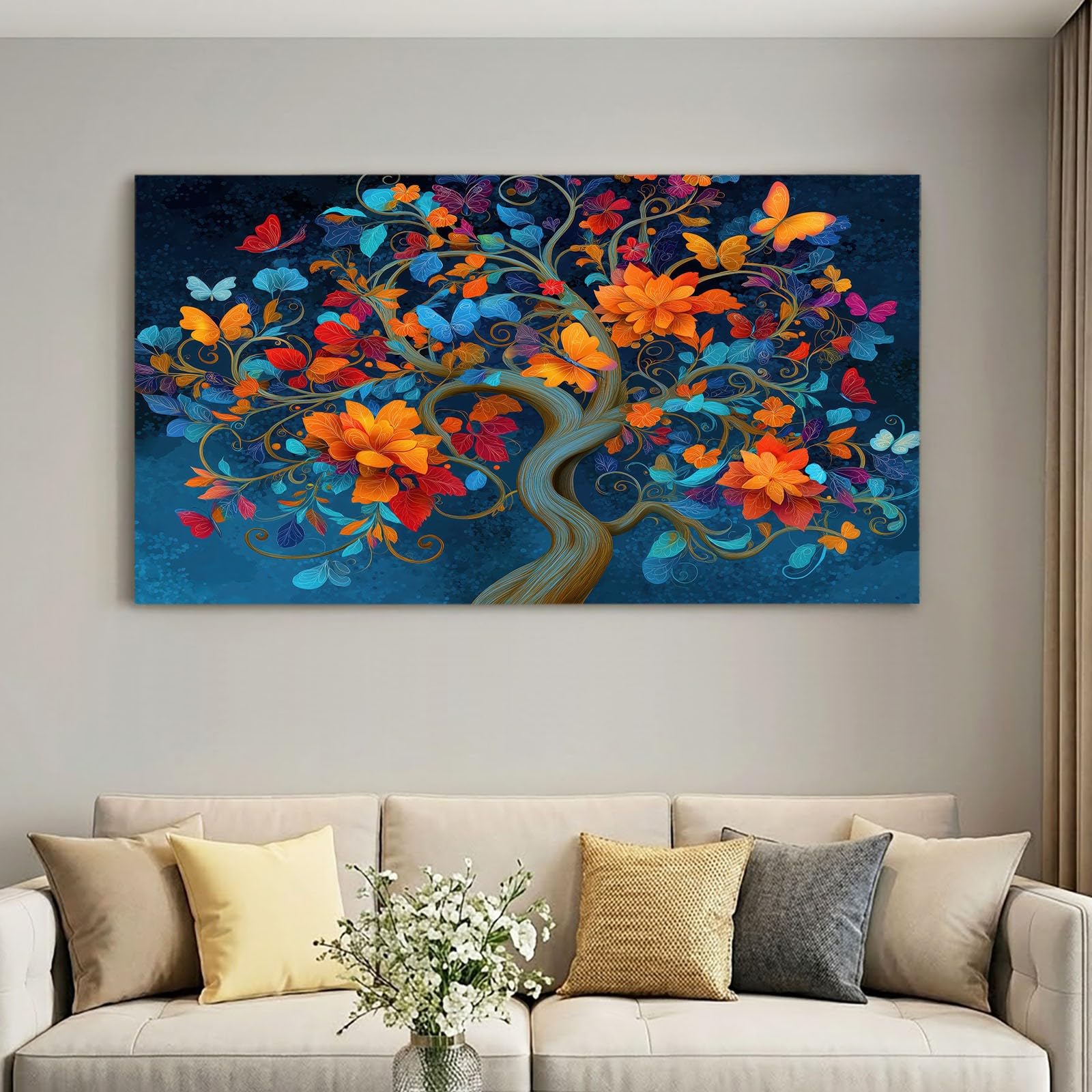 Obraz ścienny fantazja kwiaty obraz na płótnie - obraz na płótnie 120 x 80 cm, wydruk na płótnie z drzewem życia, liśćmi, oprawiona sztuka ścienna do salonu i sypialni, dekoracja ścienna, niebieski