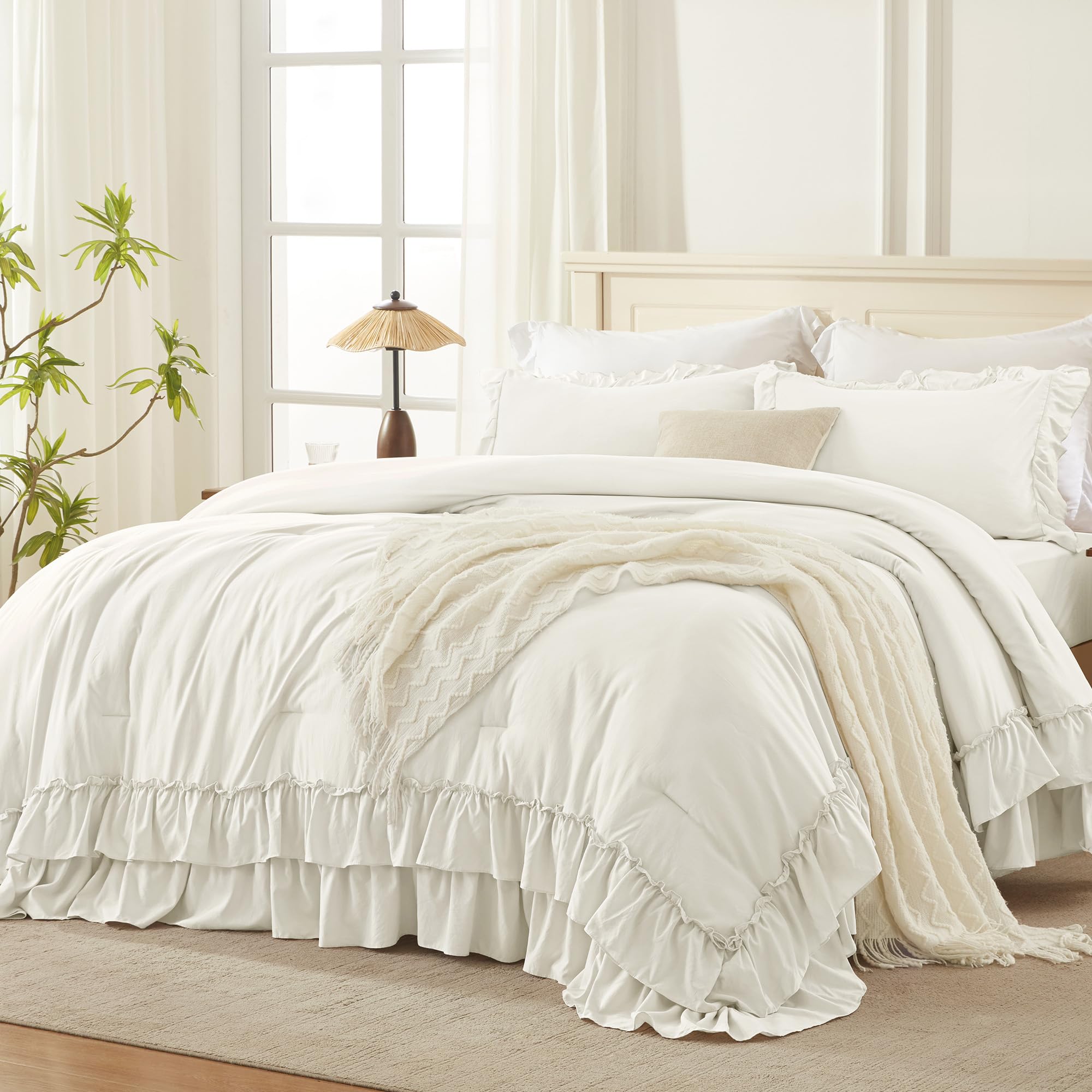 Photo 1 of Andency Ivory Ruffle California King Comforter Set, 3 Pieces