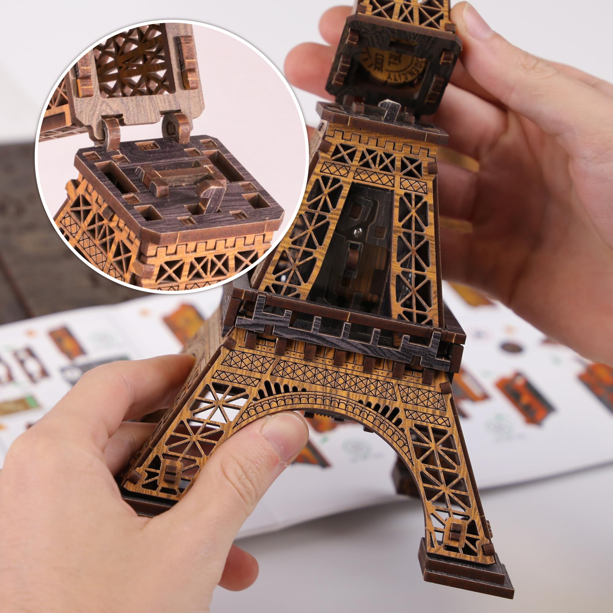 WOODEN.CITY Drewniane pudełko na puzzle, Wieża Eiffla, drewniane puzzle 3D, dla dorosłych, pokój ewakuacyjny, drewniane pudełko na sztuczki, 180 sztuk, wyprodukowano w UE