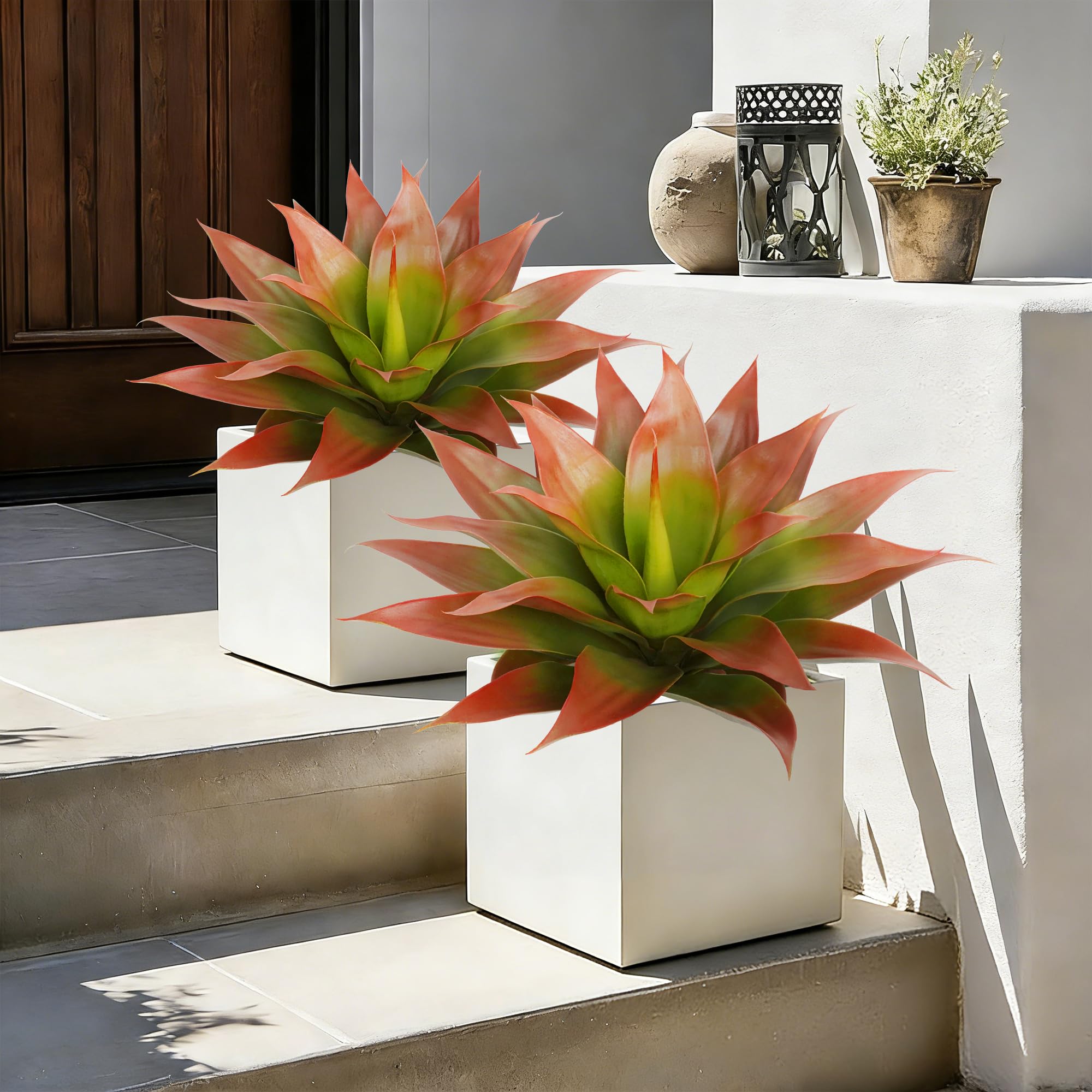 Vitalismo Artificial Plants Outdoor, Fake Evergreen Shrubs Plastic Agave Plant Outdoor 23.6 inch Wide Fake Bush Fern for Front Door Garden Indoor Home Decor