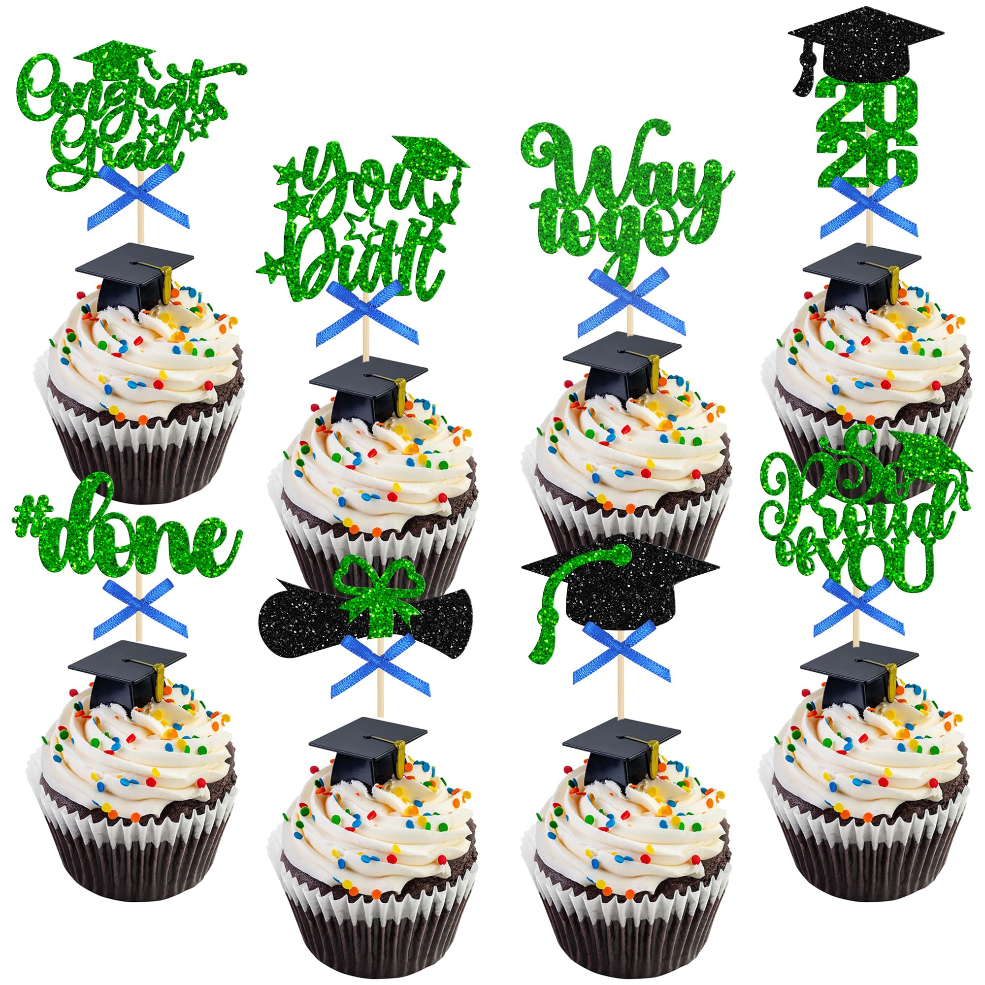 Gyufise 32Pcs Graduation Cupcake Toppers 2026 Glitter So Proud of You Cupcake Toppers Congrats Grad Cap Picks Graduation Cake Decorations for 2026 Graduation Theme Party Decorations Supplies Green