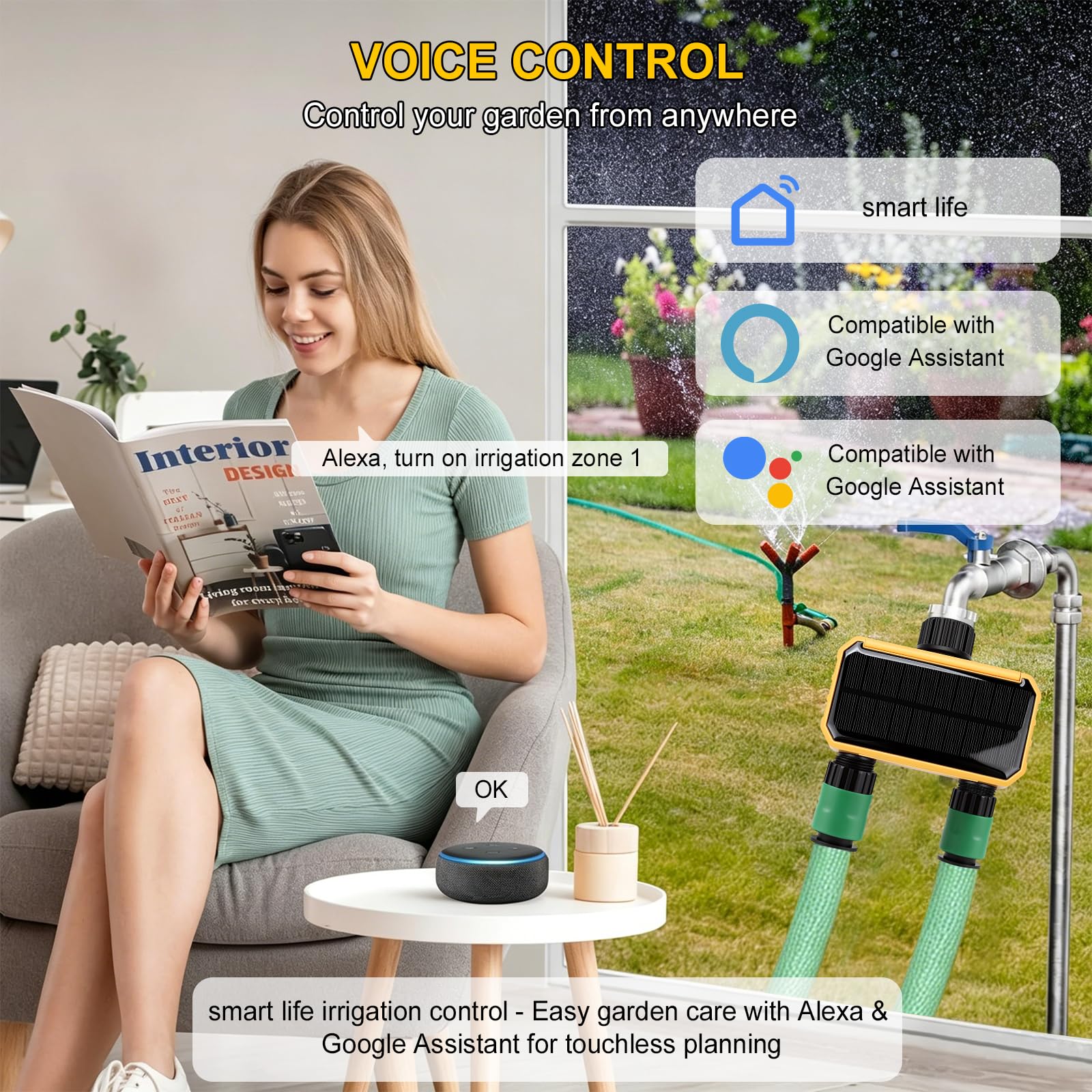 Smart Programmateur Arrosage WiFi 2 Voies, Solaire y Batterie Intégrée, Contrôleur d'irrigation Automatique à Distance Wi-FI pour Plantes D'intérieur, Jardin
