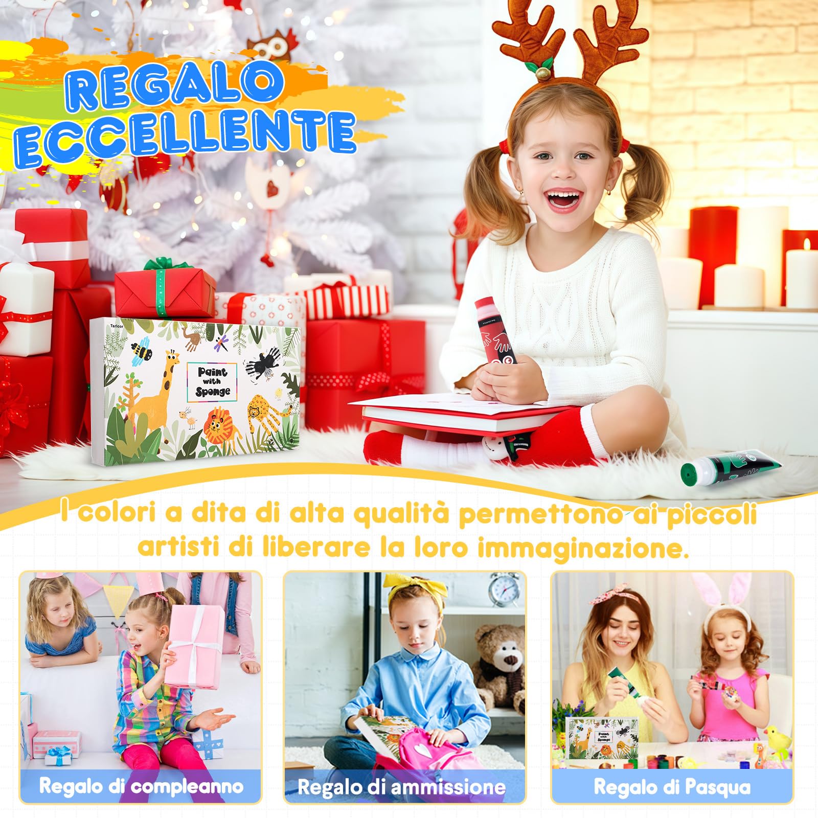 8 Colori Colori a Dita Lavabile, 8x75ml Set di Pittura per Bambini, Inchiostro per Impronte Con Attacco Spugna, Kit impronte Neonato per Regalo Battesimo Bimbo, Artigianato Familiare, Regalo di Natale