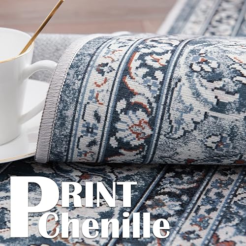 Miniatura 3 de jinchan Alfombra lavable de 2 x 5 pies, alfombra vintage envejecida, para cocina, azul, plegable, delgada, tradicional, con estampado floral,