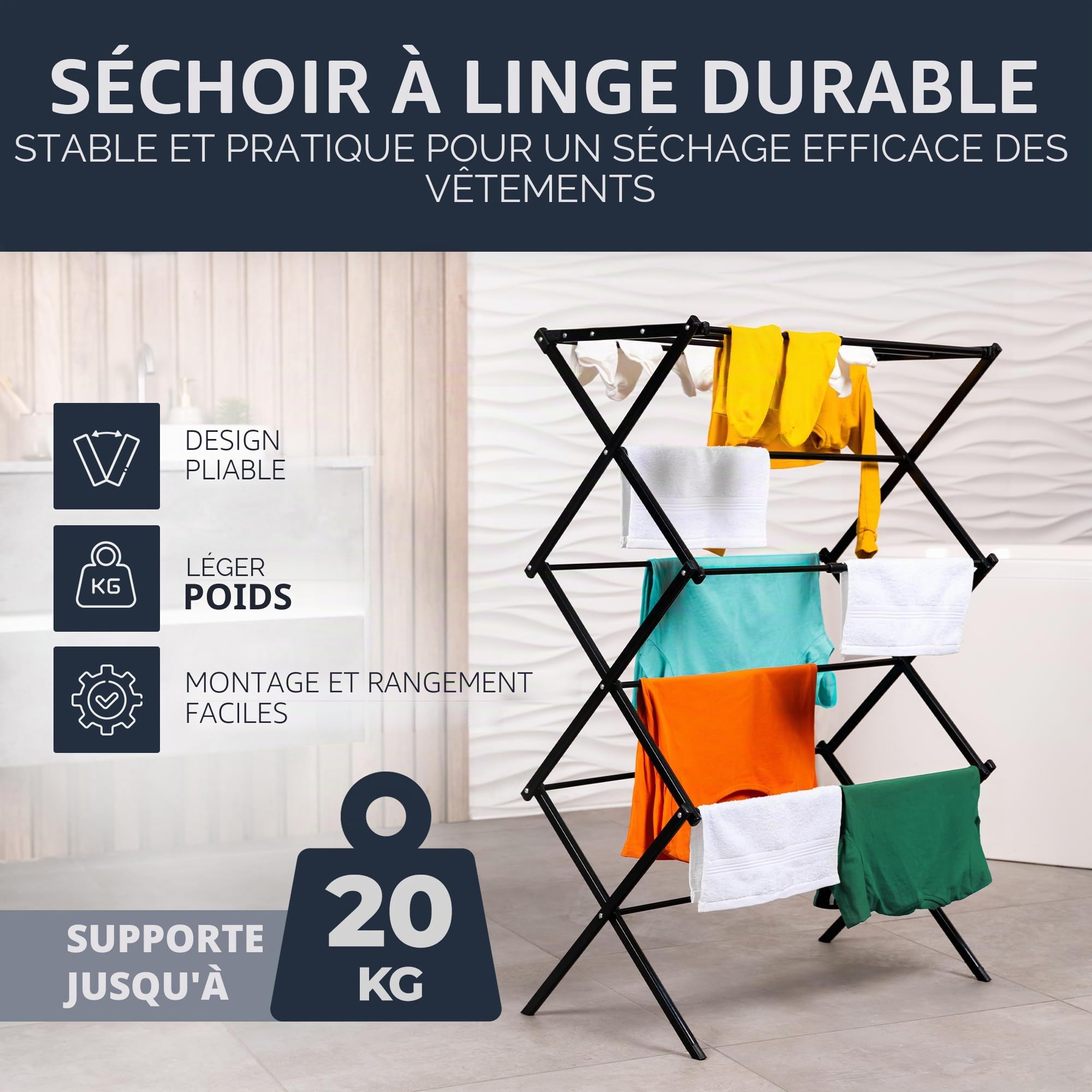 Séchoir à Linge Pliable, Robuste, Peu encombrant, 6 Niveaux avec 11 Barres, Pliable et Extensible, Petit, Balcon en Noir (Blanc)