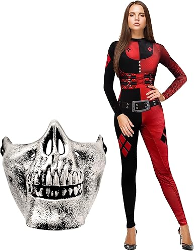 Máscara plateada media calavera de Halloween cara de calavera para el día de los muertos disfraz de payaso negro y rojo de Halloween disfraz de