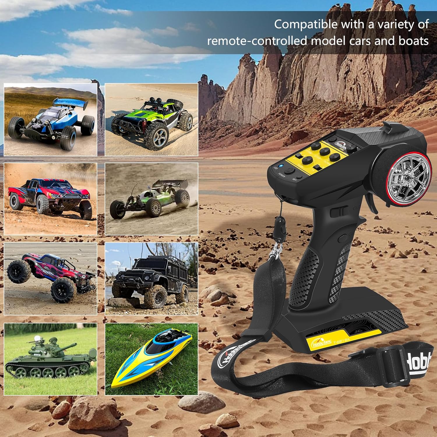 Hobby Fans RC Radio System 4CH 2.4G RC Transmitter with Receiver Built-in Gyro and Lanyard Anti-Jamming Remote Controller for RC Car Crawler Boat (Black & Yellow)