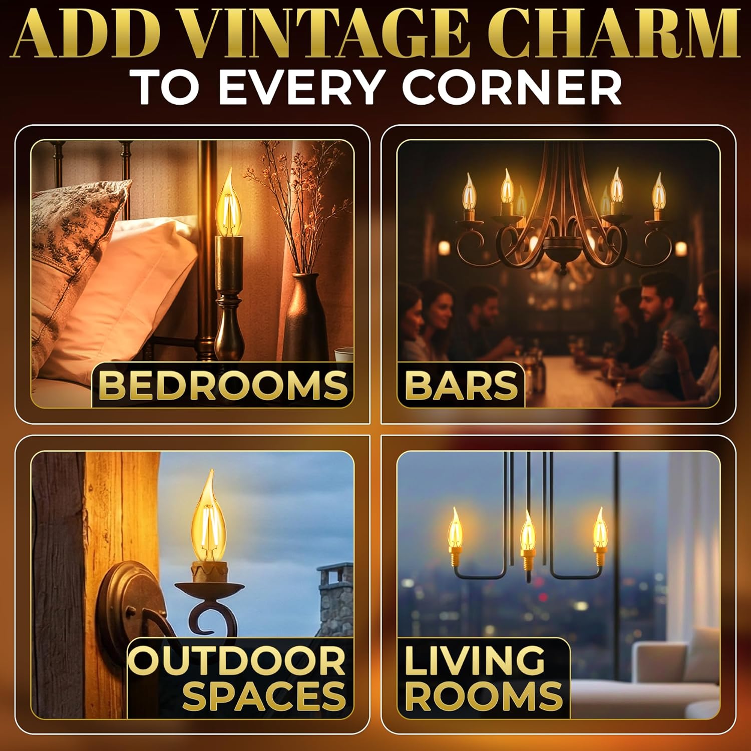 Dimmable 4W 2200K Amber CA10 LED Bulb Flame Tip - E12 Candelabra Bulb 40 Watt Equivalent With Vintage 360 Degree Amber Glow, 250 Lumens, 93% Glass Finish for Indoor Chandeliers and Sconces