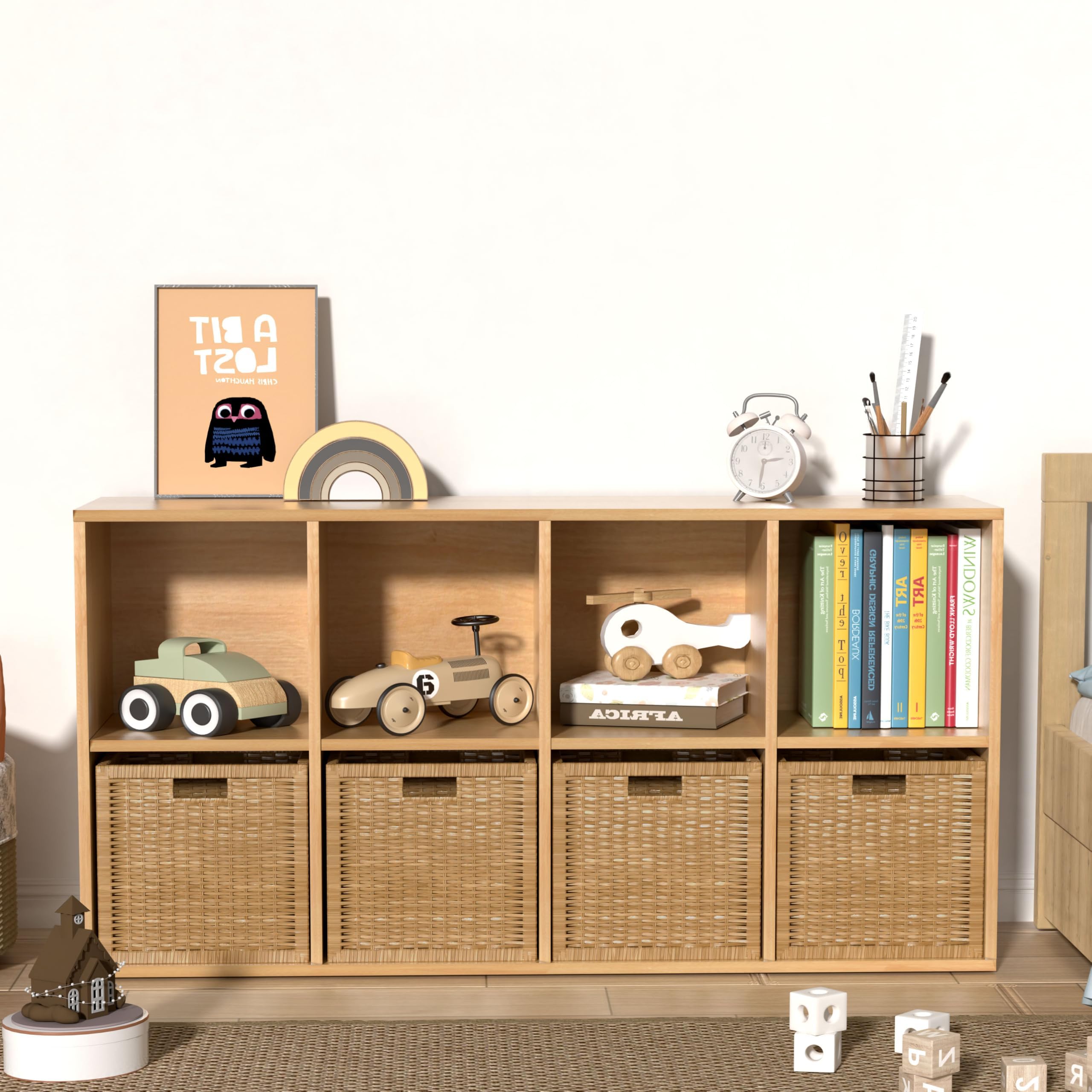 Bücherregal Holz mit Geschlossener Rückwand,Raumteilerregal,Würfelregal,Naturholz,8 Würfel