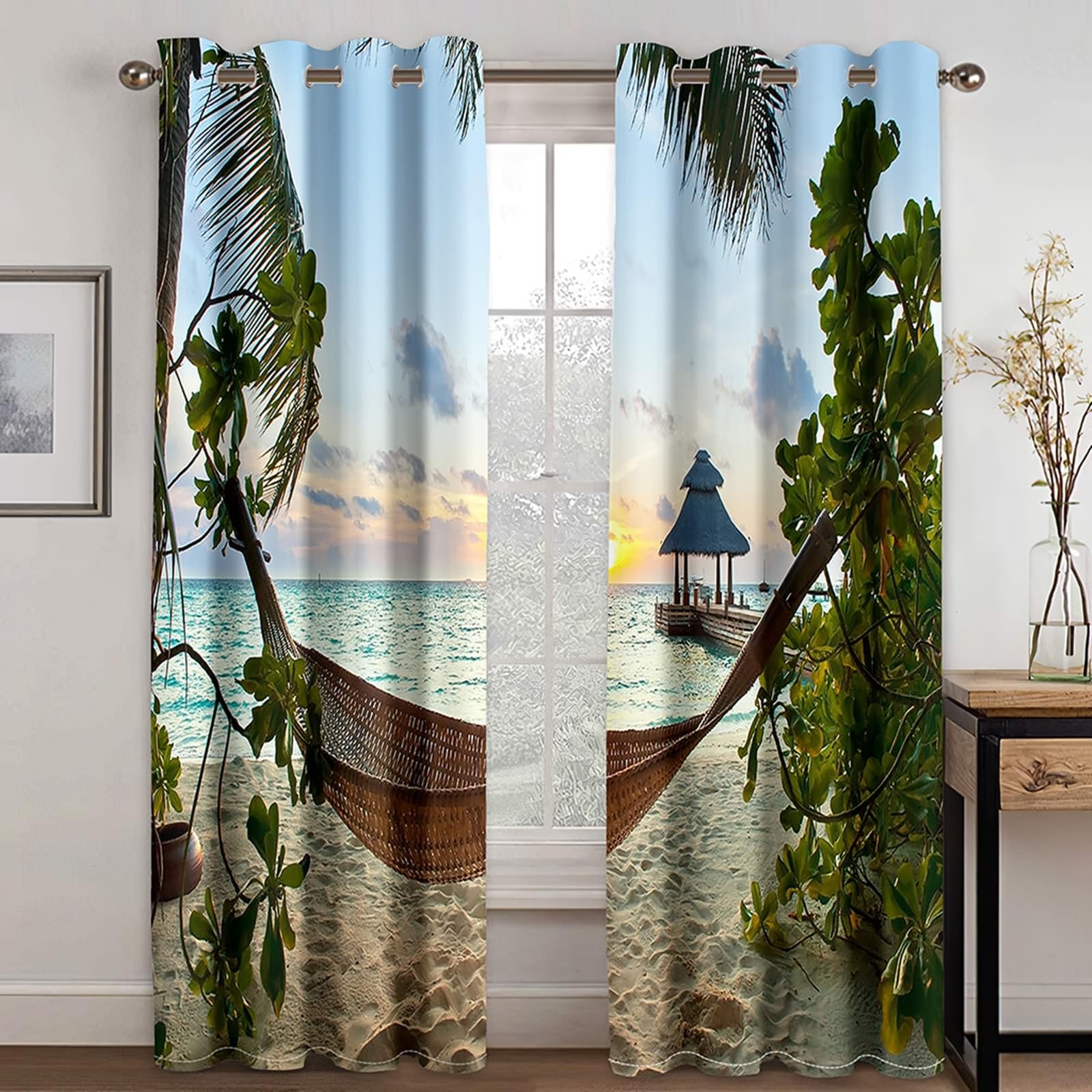 Gardinen Verdunklung, Lichtdichte Vorhänge mit Ösen 2er Set Blau Grün Braun Sonnenuntergang Hängesessel Am Meer Landschaft Vorhang für Wohnzimmer Schlafzimmer, 107x160 cm(BxH)