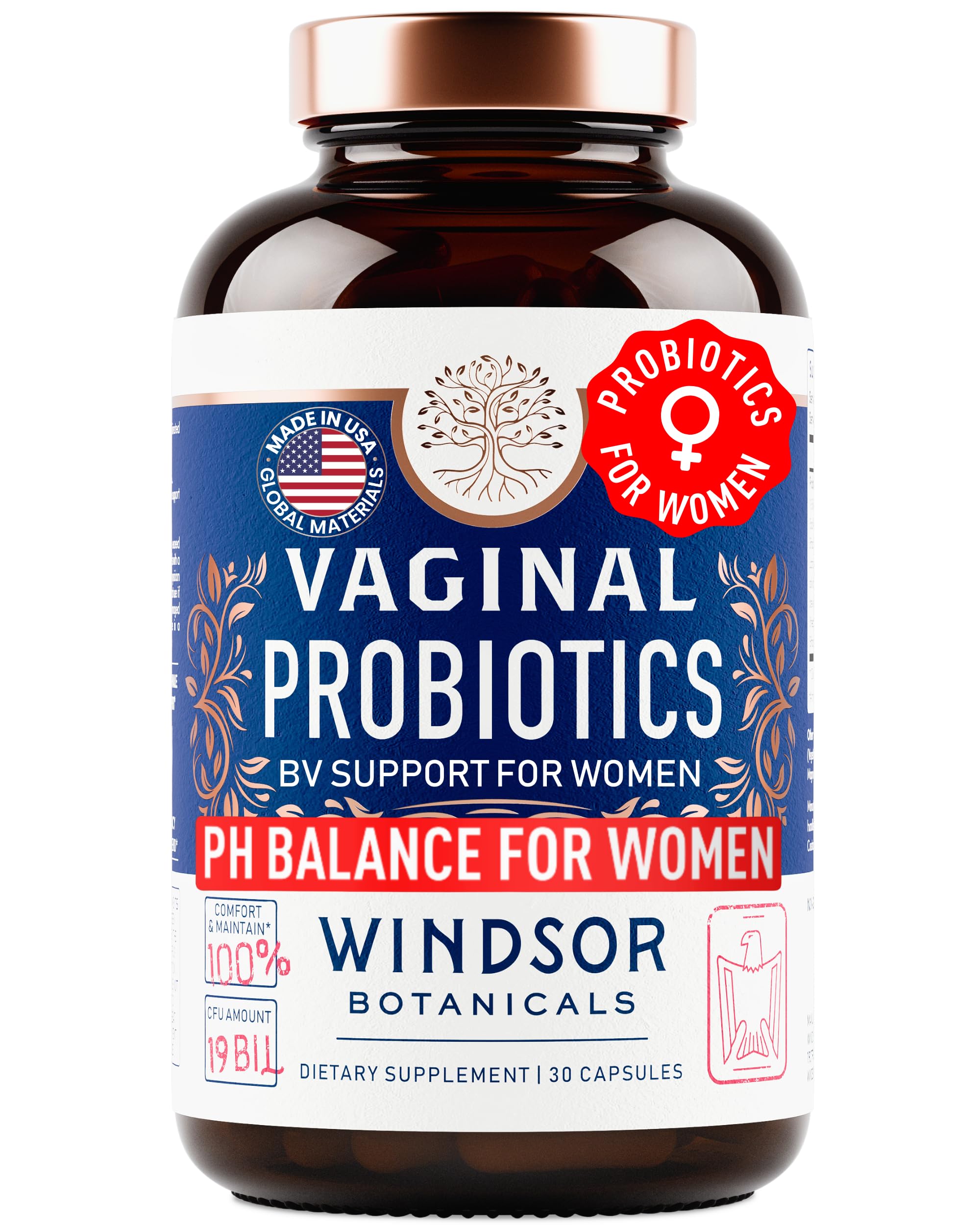Vaginal Probiotics for Women - 19Bil CFU, Once Daily Lactobacillus Salivarius Probiotic for PH Balance, Digestive, Gut Health - Feminine Balance Complex for Women BV Support Supplements - 30 Capsules
