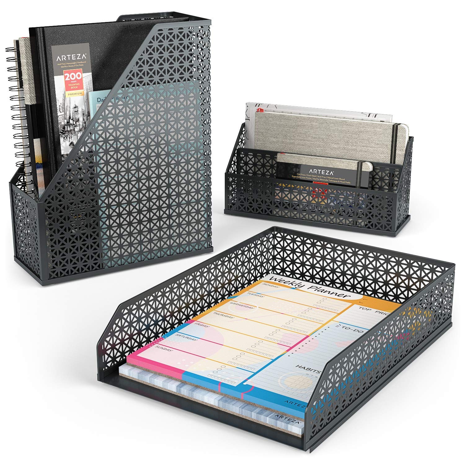 ARTEZA Set Accessori Organizer Scrivania Grigio Scuro, 6 Pezzi: Porta Penne, Porta Lettere, Vaschetta Portadocumenti, Porta Riviste Ufficio, Porta Biglietti Visita, Porta Notes, da Casa o Ufficio