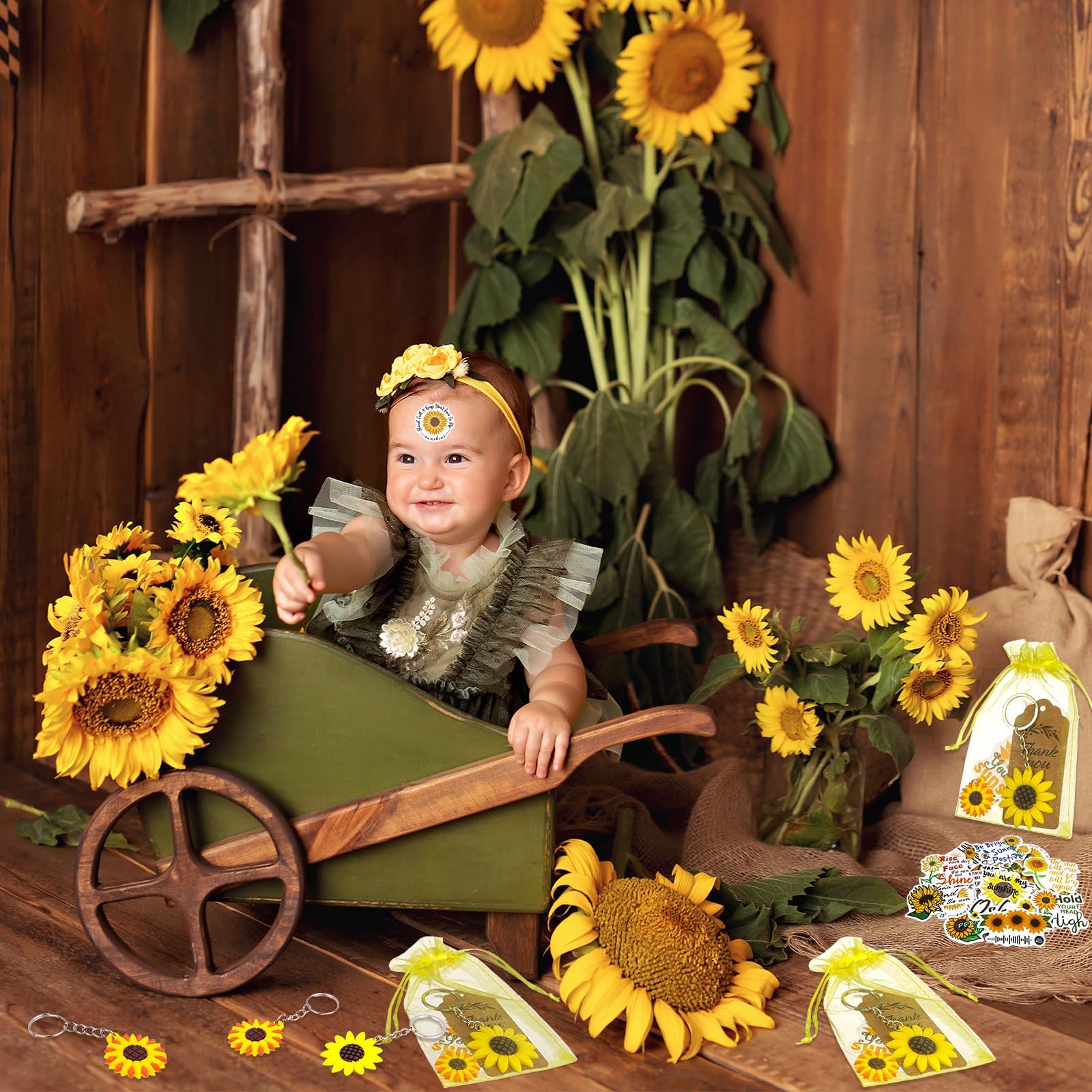 130 regali per feste a forma di girasole con portachiavi con girasole regolabili, adesivi per girasole, etichette di ringraziamento, sacchetti in organza per compleanni, matrimoni, feste estive