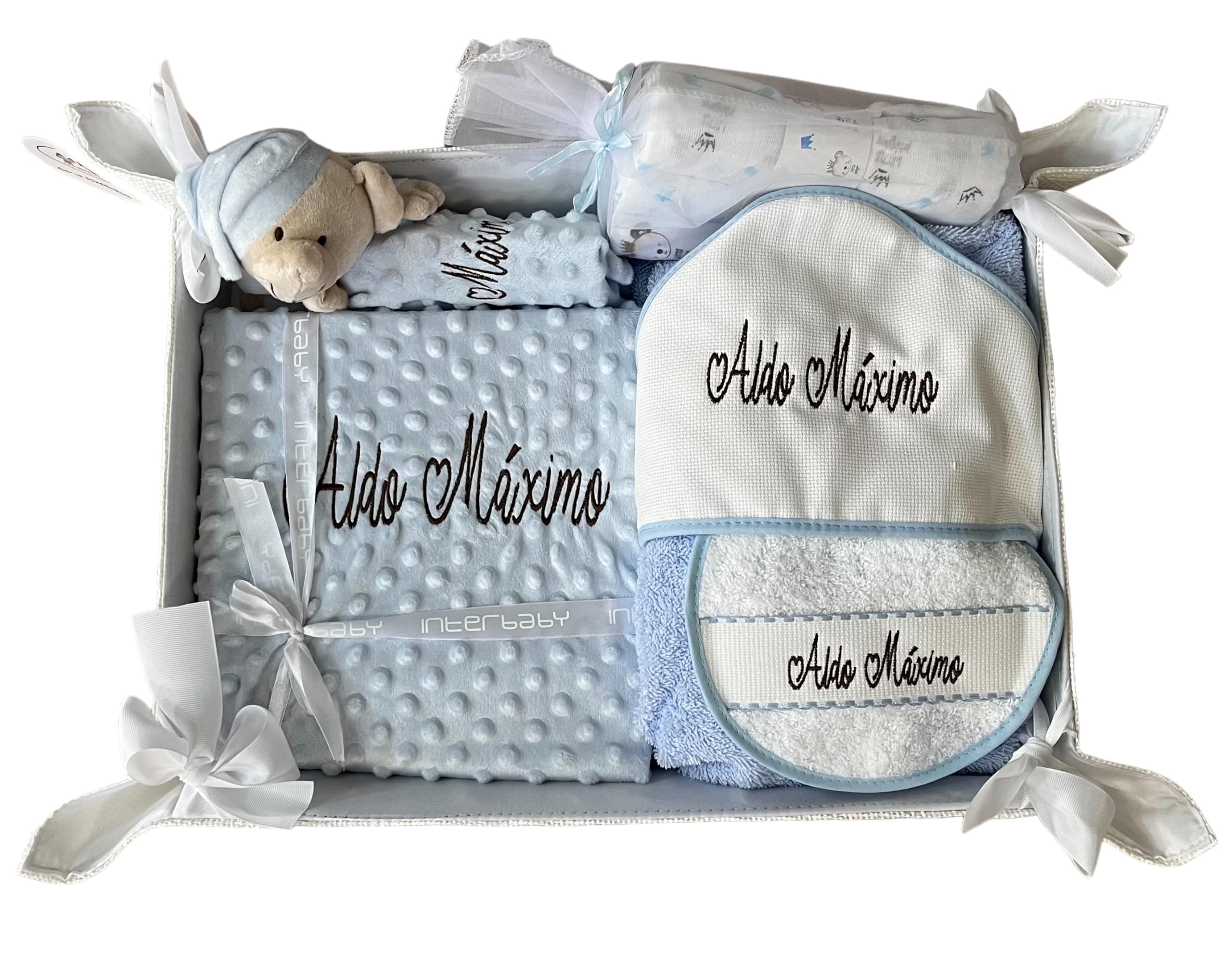 Danielstore - Canastilla Bebé Personalizada | Manta y Dou Dou con Nombre | Toalla de Baño y Babero Bordados | Pack 3 Gasas | Cesta para Recién Nacidos
