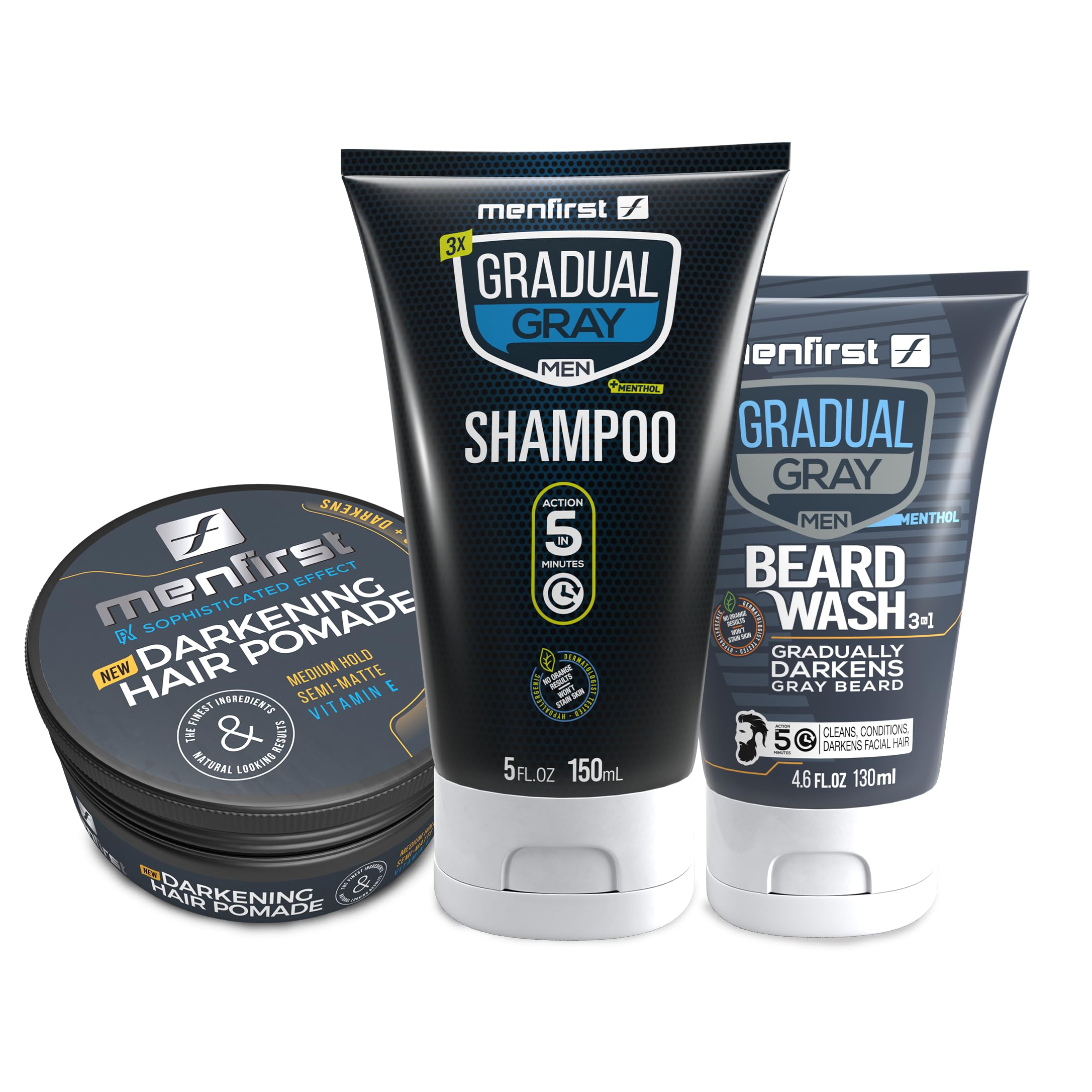 MENFIRSTGradual Gray - Good Bye Gray Hair- 3-in-1 Shampoo, Beard Wash and Pomade for Dark Shades- 3 Pack Bundle