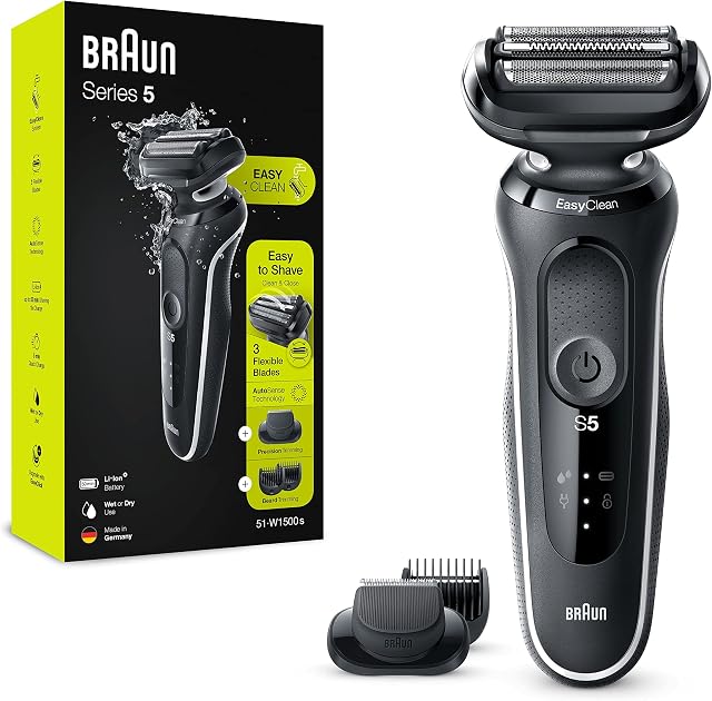 Braun Series 5 golarka męska z nasadką EasyClick, golarka elektryczna i trymer do brody, EasyClean, na mokro i sucho, do ponownego ładowania i bezprzewodowa, prezent dla mężczyzny, 51-W1500s, biała