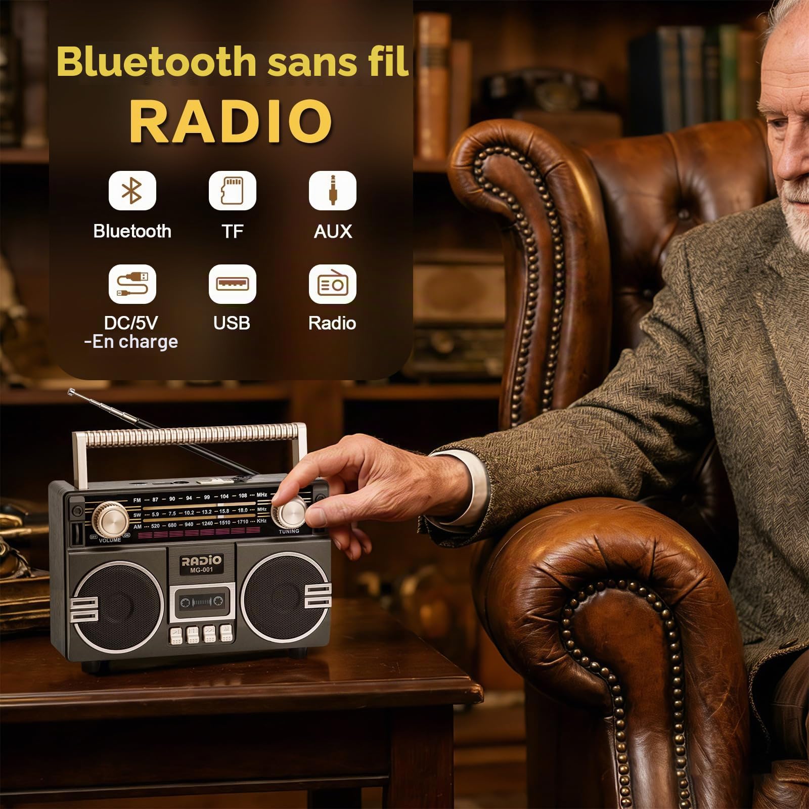 Tendak Radio Rétro AM/FM/SW, radio nostalgique avec batterie de 1200 mAh, radio de voyage avec Bluetooth 6.0, radio de cuisine compatible avec fonction USB/TF/AUX, grand haut-parleur de 5 W