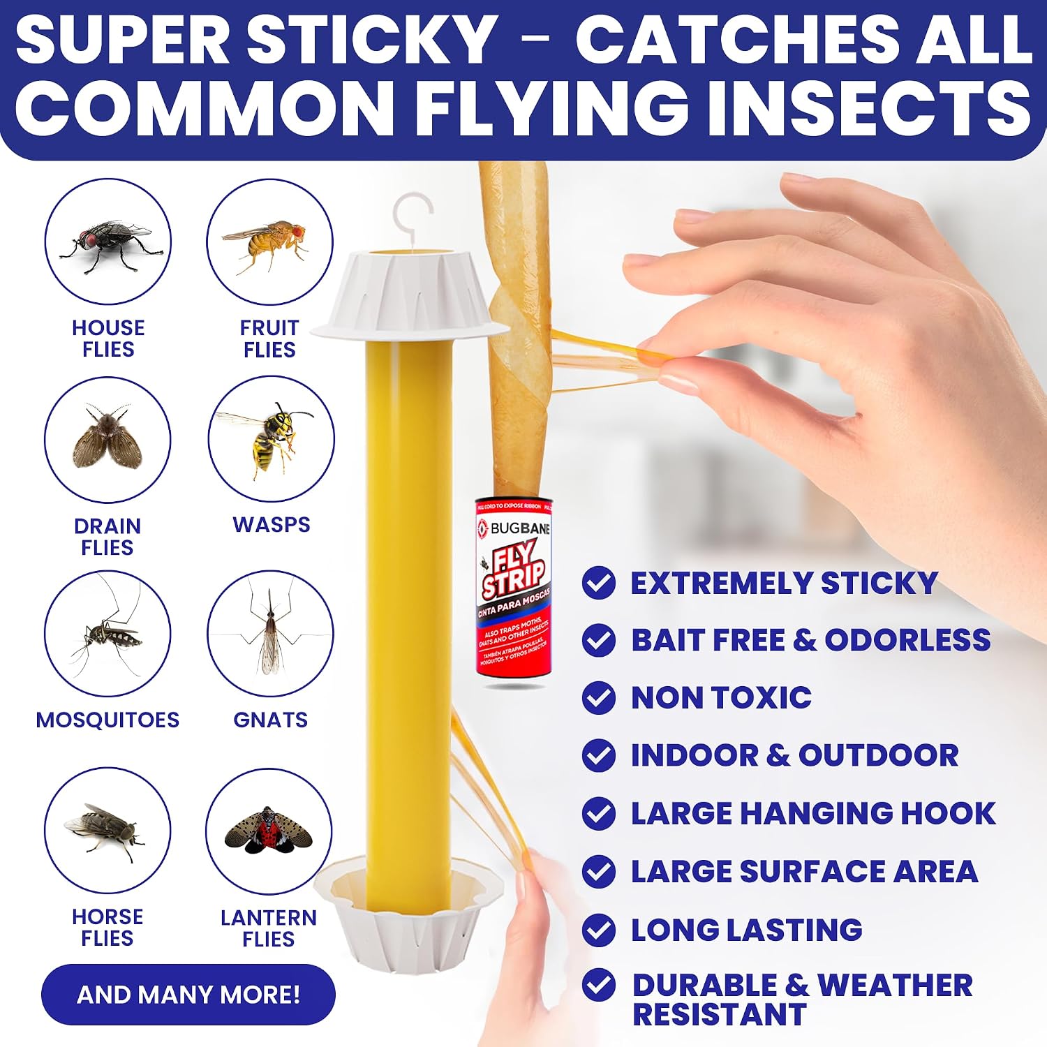 Fly Stick Sticky Fly Traps for Indoors Outdoor 4pk with 12 Ribbons. Non-Toxic Super Sticky Hanging Flies Catcher Paper Tape Strips for Home. Catches all bugs and gnats. Indoor House Flying Insect Trap image 2