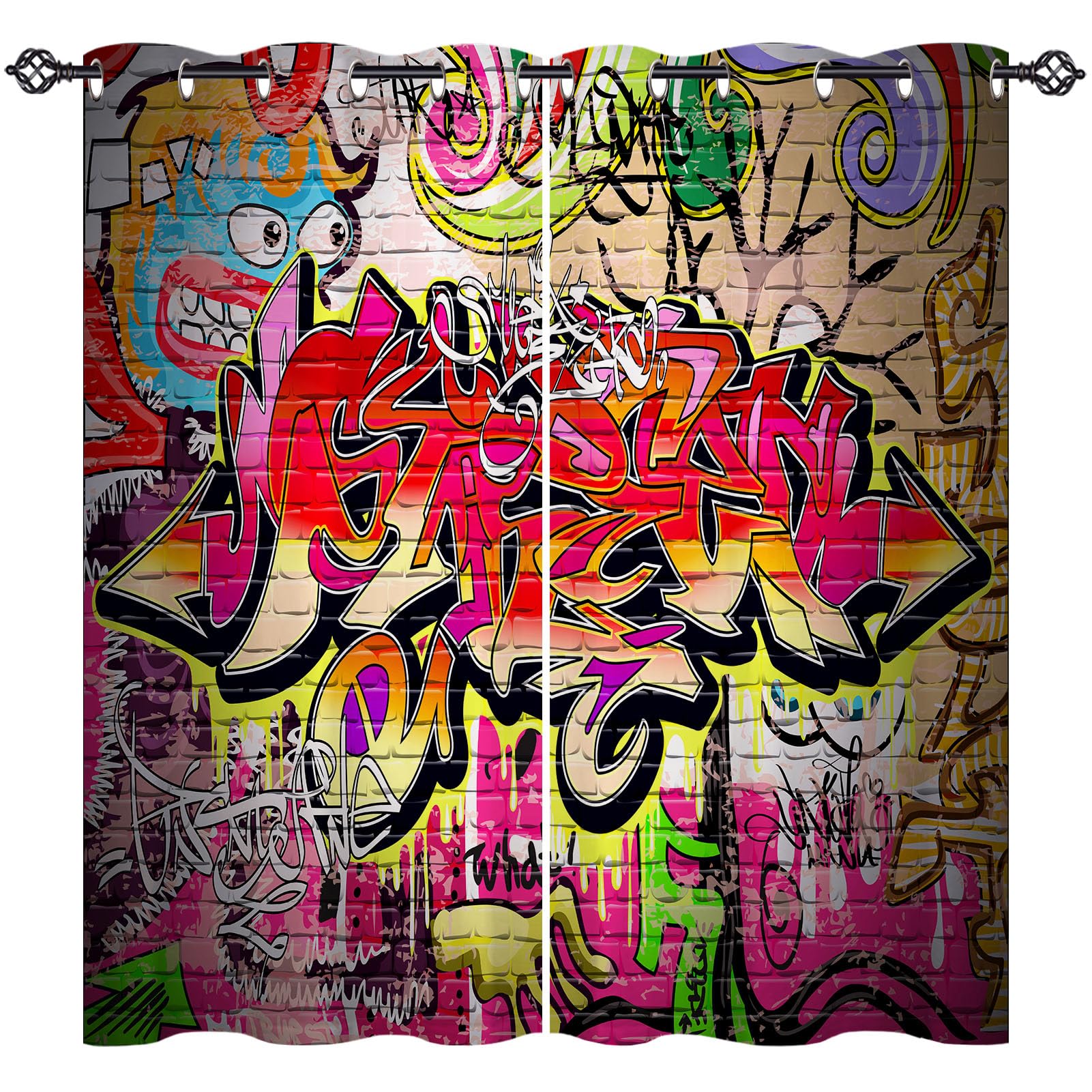 ANHOPE Urban Graffiti Blackout Eyelet Curtains 2 Panels W 55" x L 63"