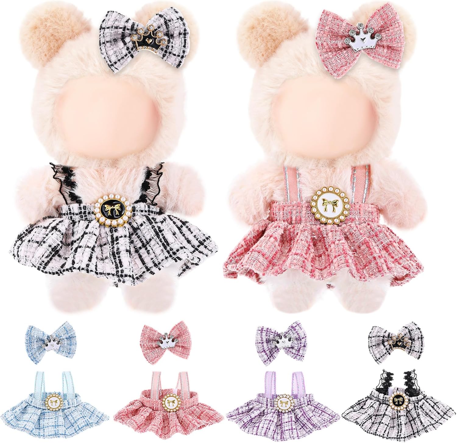 Simgoing 4 Pack 17cm Doll Clothes Set Nurses' Day Gift Black & Pink & Blue & Purple Stylish Plaid Tweed Dress and Bow Outfit for 17cm Doll Dress up Adorable Kawaii Clothes Accessories
