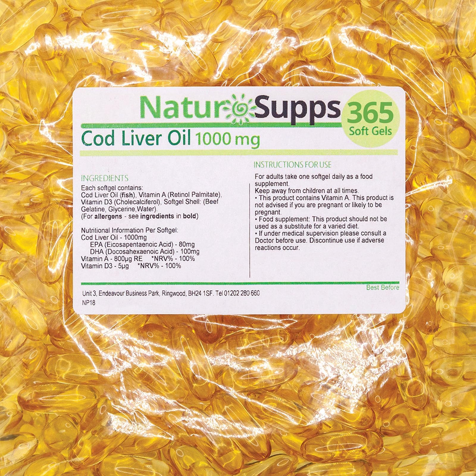 Cod Liver Oil Capsules High Strength 1000mg, 365 Omega 3 Softgels, EPA DHA Vitamin A Vitamin D3, 1 Year Supply, Gluten Free, UK Made by Natur Supps