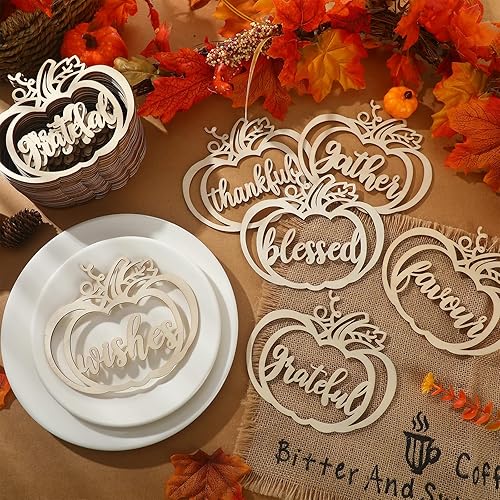 Miniatura 7 de 48 piezas de decoración de platos de otoño de Acción de Gracias, recortes de madera de calabaza, decoración de mesa de Acción de Gracias, placa de