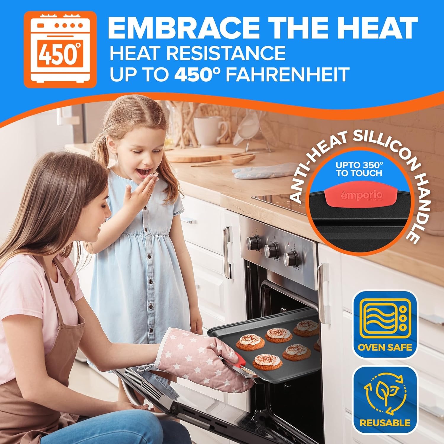 Baking Pan Set - Nonstick Coating, Carbon Steel Bakeware Set with Red Silicone Handles, PFOA, PFOS, PTFE Free, Recipe Booklet Included, Oven Safe Tray (Up To 450° F), Set of 8 - Black - Image 4