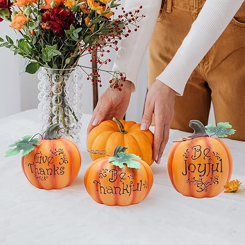 Miniatura 4 de Etistta Juego de 3 figuras decorativas de calabaza de Acción de Gracias, Be Thankful, Be Joyful, Give Thanks, 6.5 pulgadas de poliresina cosecha