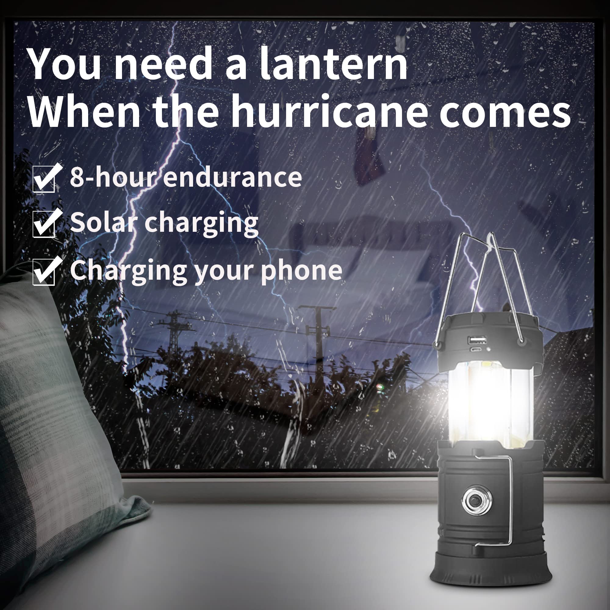 Laternen, Camping-Laterne, Solar-Laterne, Taschenlampen zum Aufladen für Telefon, USB-wiederaufladbare LED-Camping-Laterne, zusammenklappbar und tragbar für Notfall, Sturm (schwarz, 4 Stück)