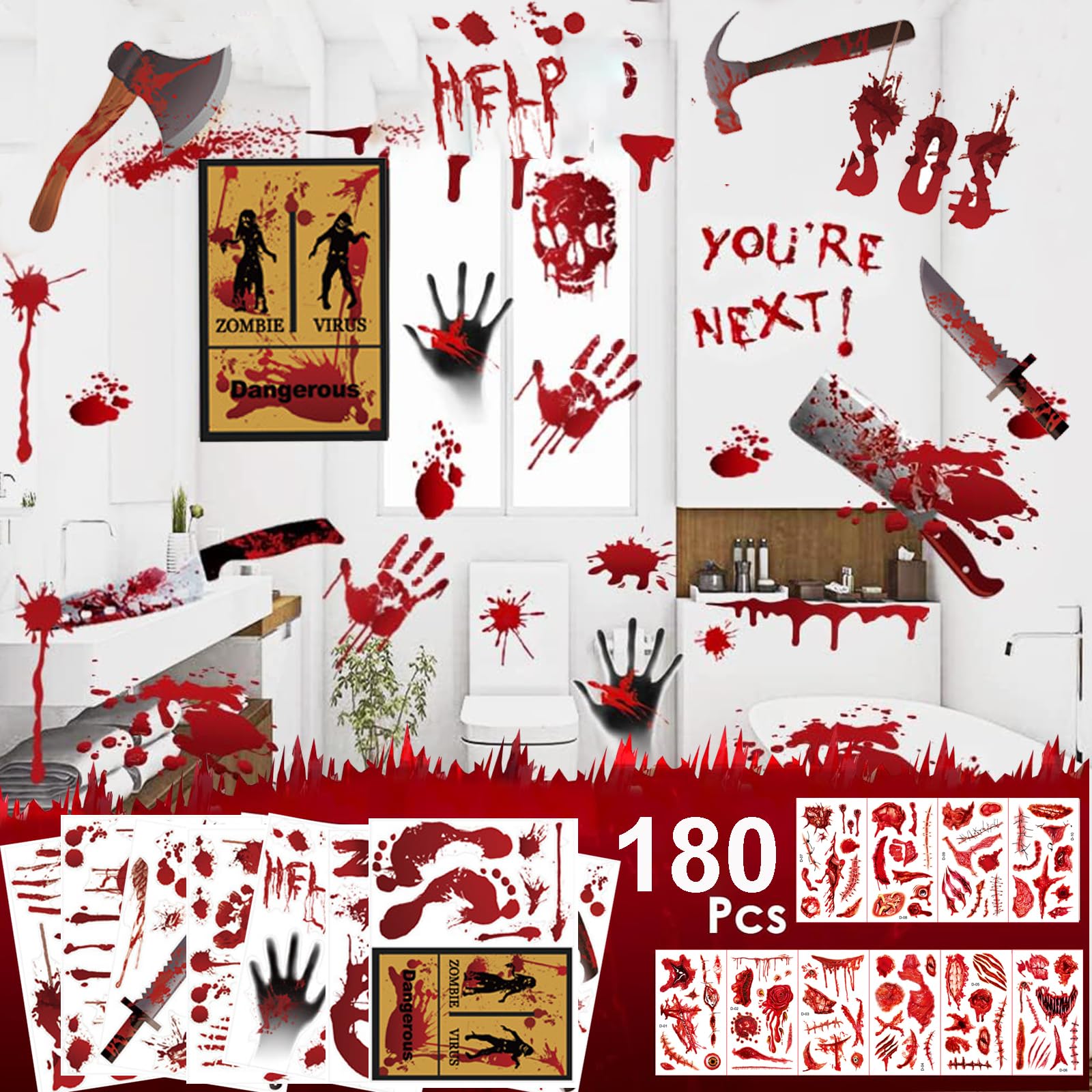 180pcs Halloween Decorations Handprint Footprint Clings Decals Window Stickers Bathroom Floor Clings Restroom Zombie Decorations Halloween Party Decor (180pcs)
