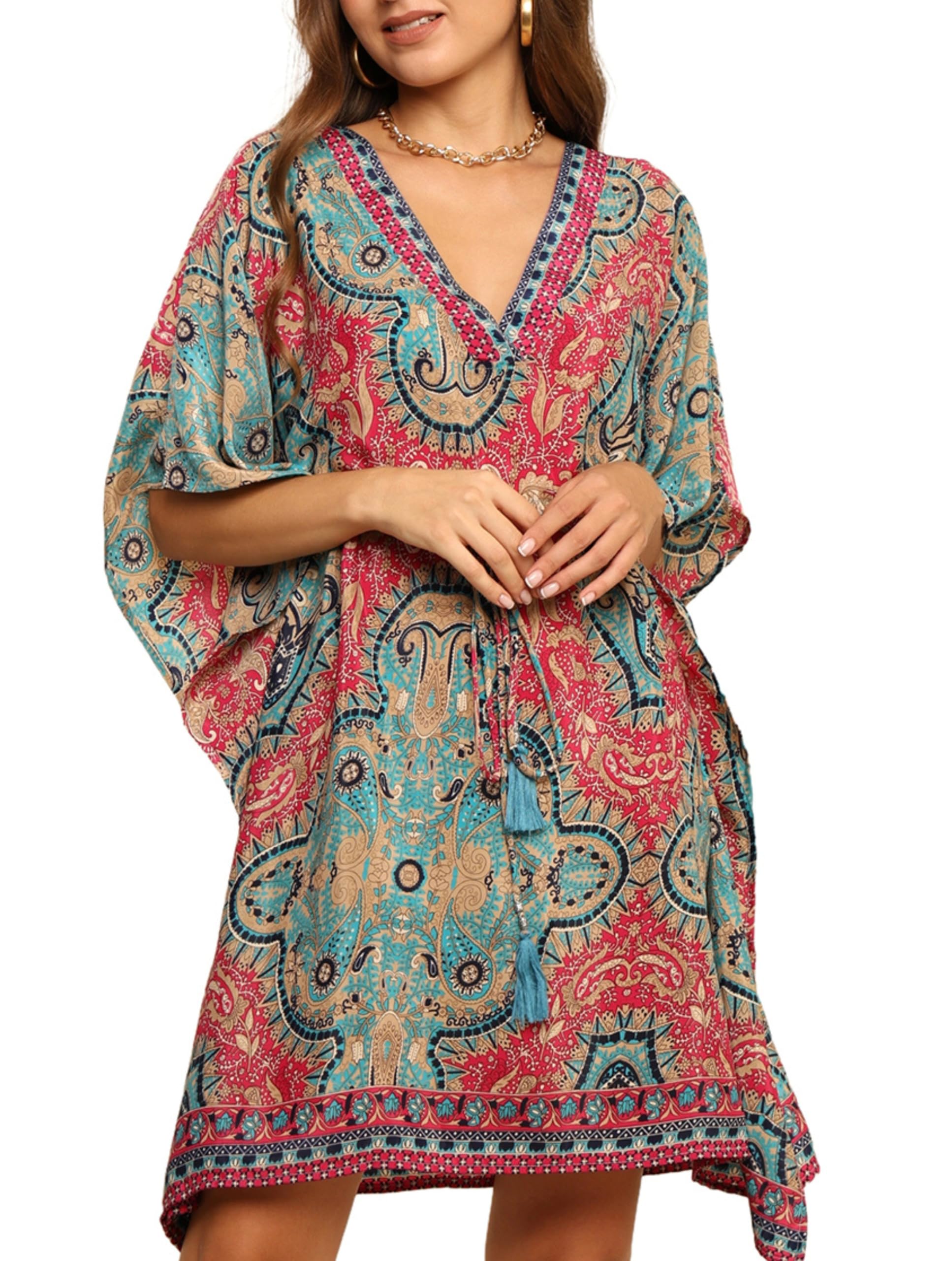 KE KANHA EXPORTS short Kaftan for women's & girls unique border design and tassel stretchable adjustable drawstring free size western kaftan fit flared floral all seasons-image-27