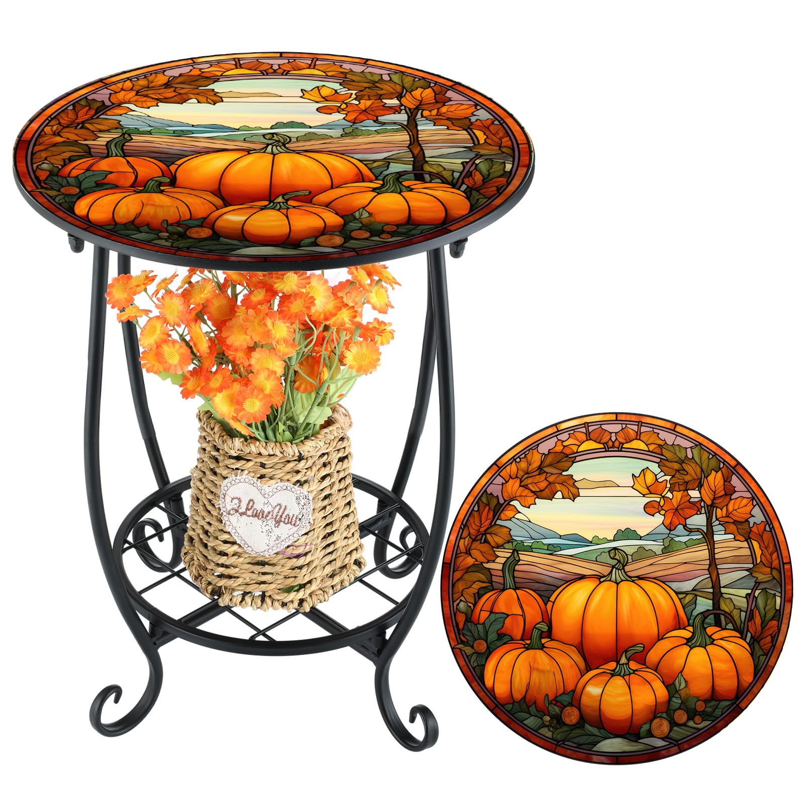 Cinnvoice Outdoor Side Table Round Small Mosaic Patio Accent Indoor End Plant Coffee Tea Table for Yard Porch Garden Patio Living Room, Bedroom (Pumpkin Style,14 Inch)