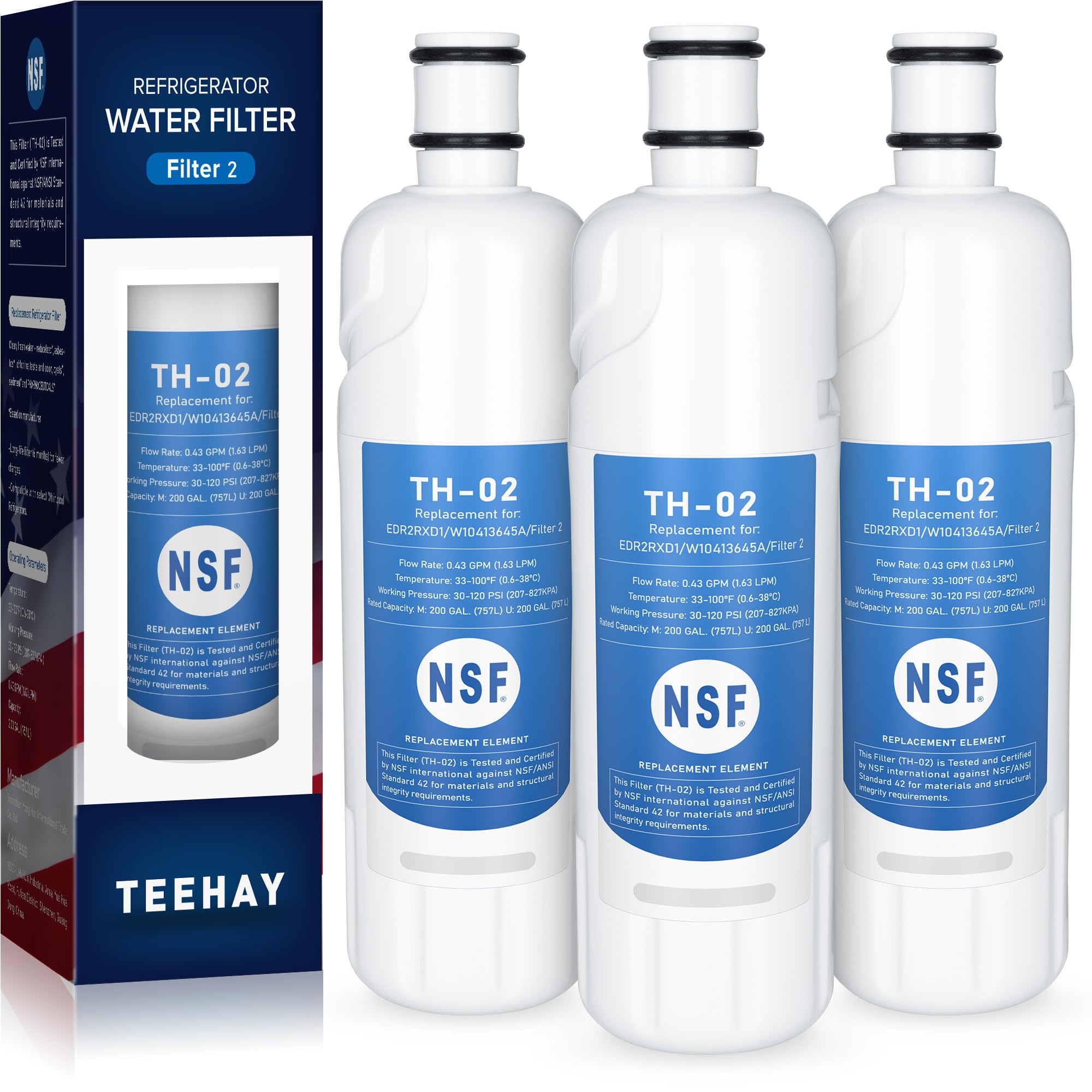 TEEHAY W10413645A Water Filter 2 Replacement, Compatible with Everydrop Filter 2, EDR2RXD1, Whirlpool WHR2RXD1, P9KB2L, P9RFKB2L, Whirlpool WRX986SIHZ, WRF757SDHZ, WRF767SDHZ, WRF736SDAM, 3 Pack
