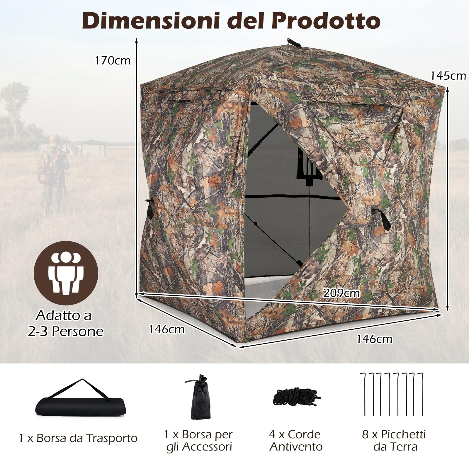 COSTWAY Tenda da Caccia per 2-3 Persone, Tenda Mimetica a 270° per Caccia, Tenda Pop-Up Camouflage con Porta Magnetica Silenziosa, 4 Finestre e Borsa da Trasporto, 146 x 146 x 170 cm