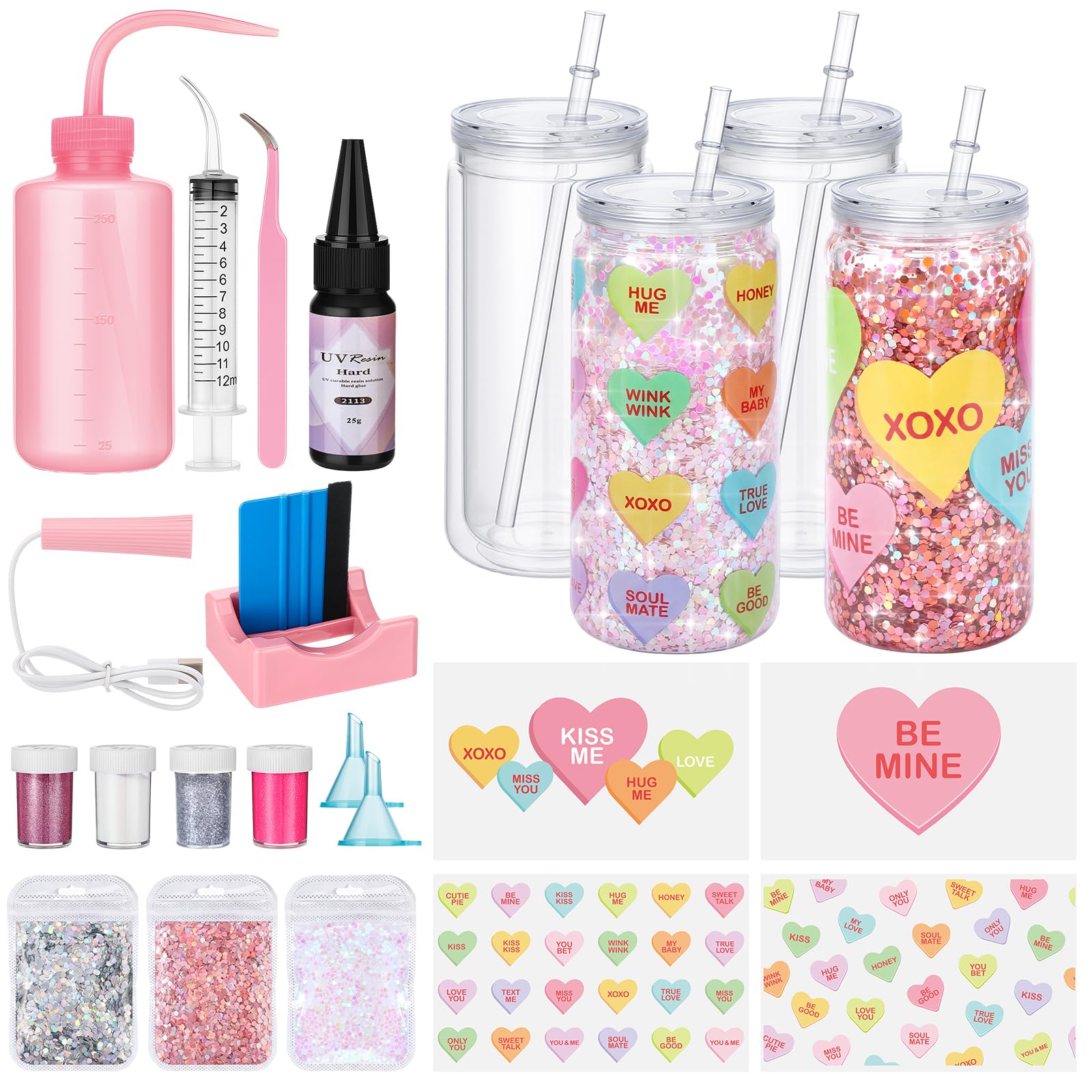 Meanplan 4 Pack Valentine's Day DIY Snow Globe Tumbler Supplies Kits, Candy Colors Love Heart UV DTF Cup Wraps 16oz Double Wall Can 7 Colors Glitter Squeeze Bottle Scraper UV Resin Flashlight Funnel