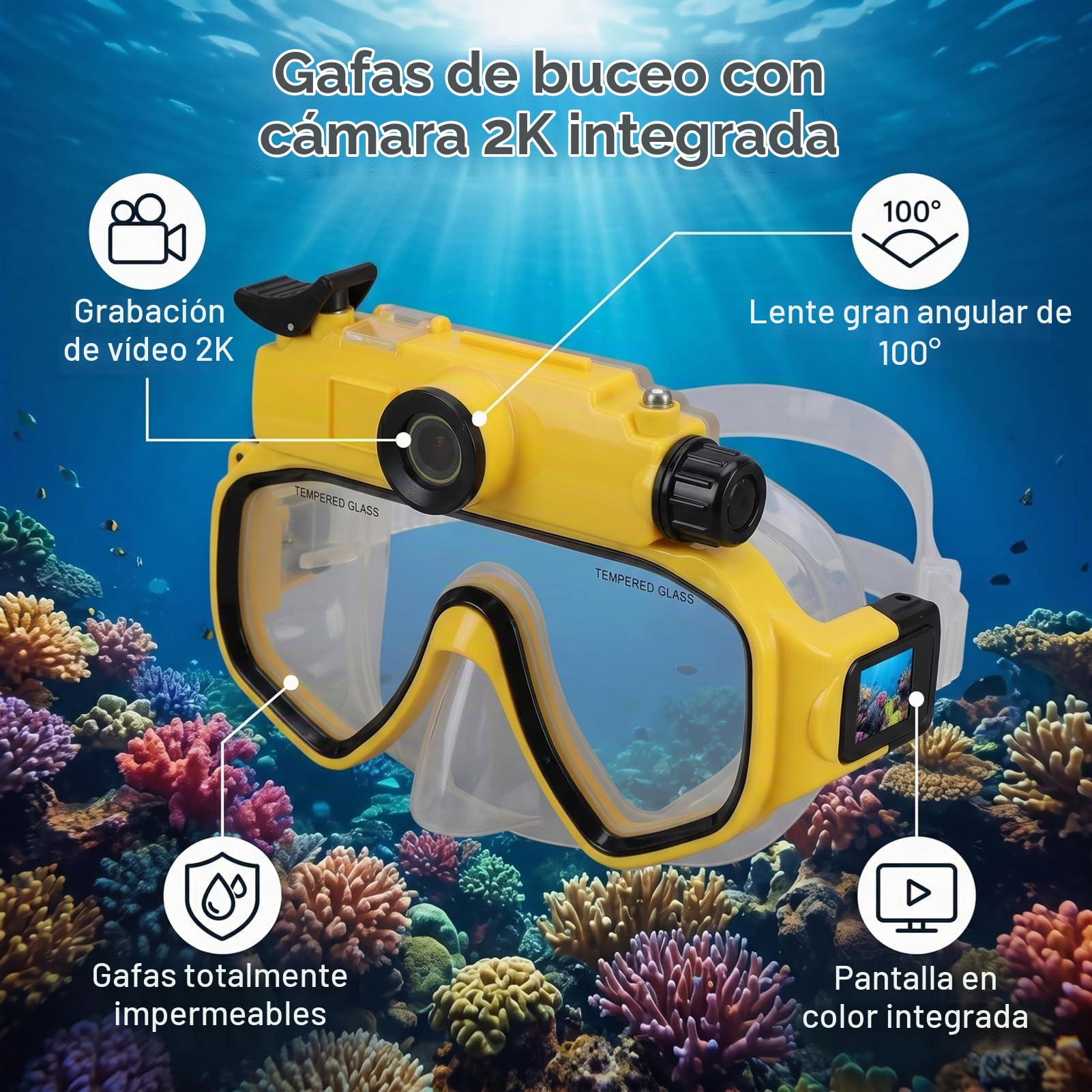 Tangxi 2026Nuevas Gafas de Buceo con Cámara 2K, Gafas a Prueba de Agua de 49,2 Pies con Pantalla a Color de Cámara Gran Angular de 100°, para Esnórquel, Apnea y Natación