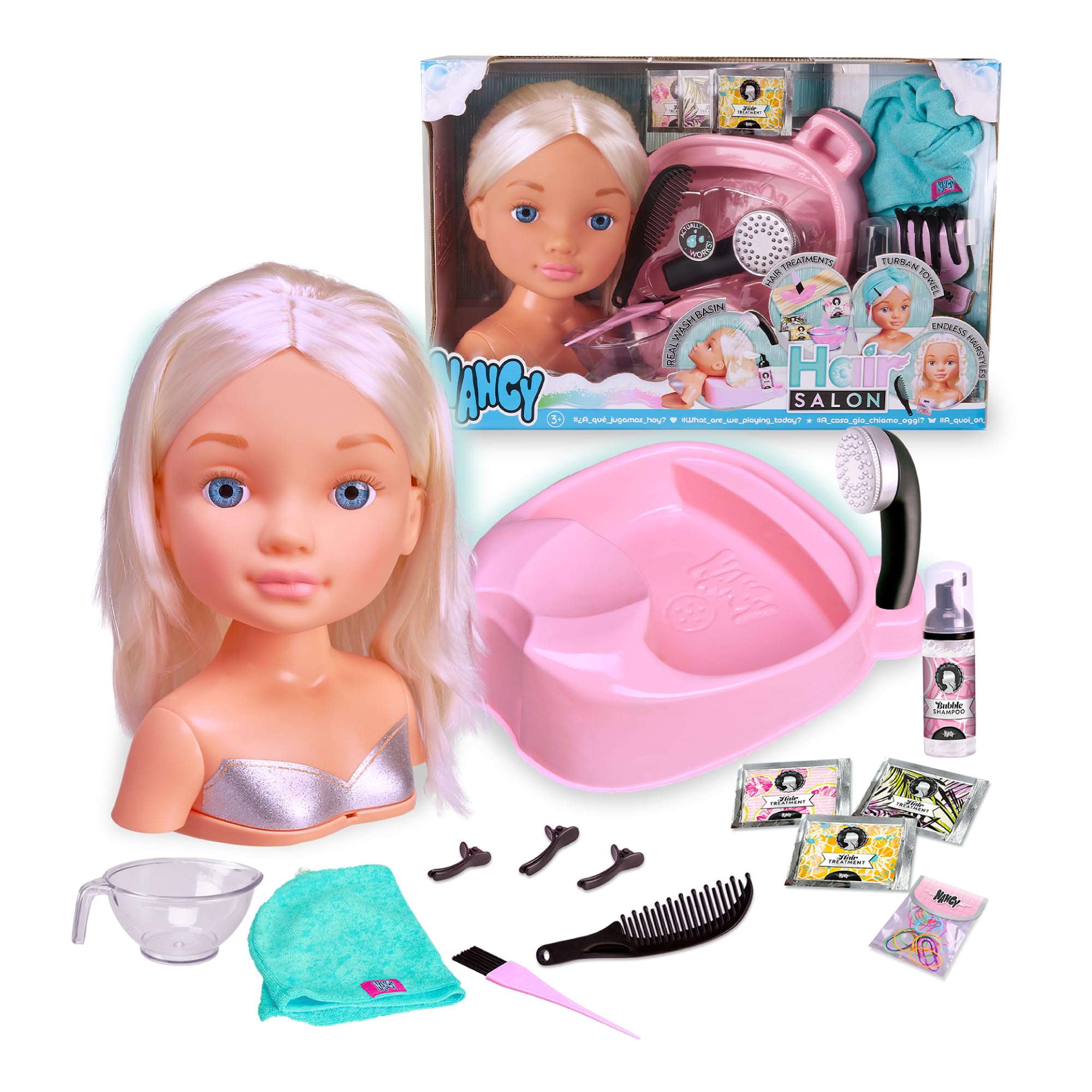 Nancy Hair Salon, Testa capelli biondi, lavatesta che funziona per davvero, accessori per poter creare acconciature, per bambine/I da 3 anni, Famosa (NACB3000)