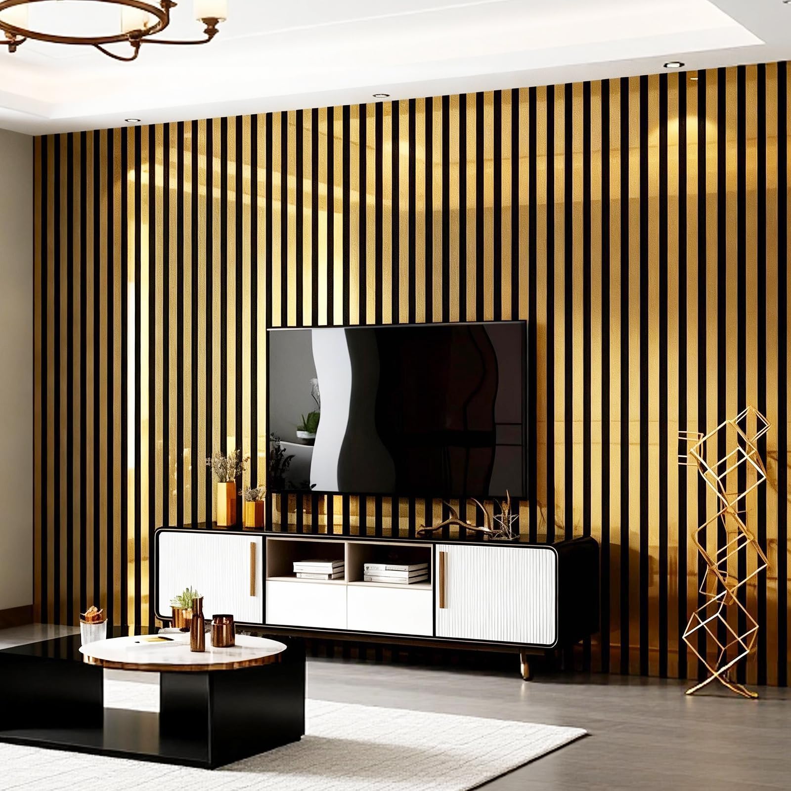 Snewvie Gold Mirrored Self Adhesive Wallpaper, 6mm Thick 3D Striped Mirror Wallpaper Peel and Stick, Waterproof Soundproof Decorative Wall Paper for Living Room Bedroom(3 Roll 40x300cm)
