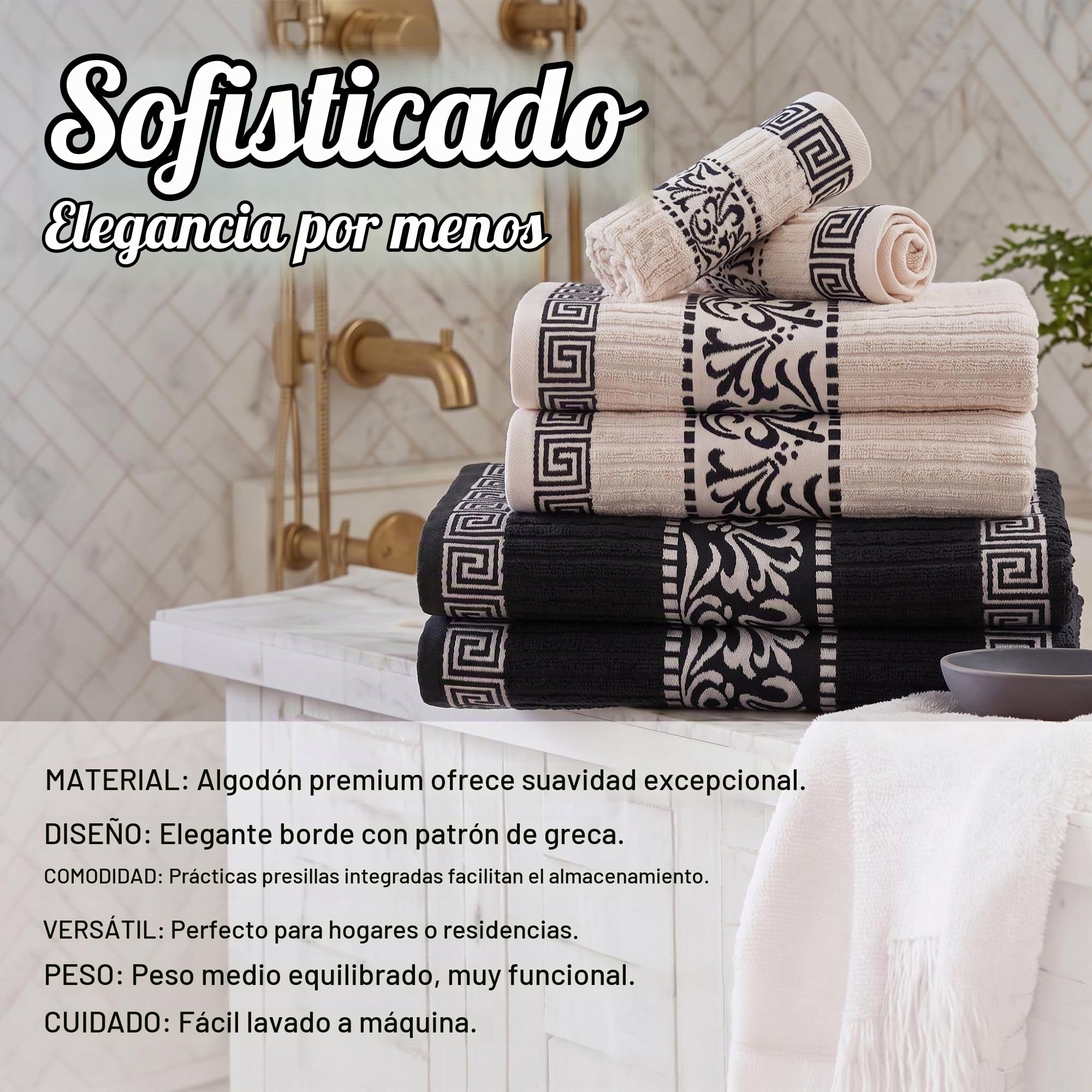 Superior Greek Pattern Decorative 6-Piece Towel Set, Absorbent Premium Cotton, Decor for Bathroom, Spa, Includes 2 Hand, 2 Face, and 2 Bath Towels, Home Essentials, Athens Collection, Chocolate
