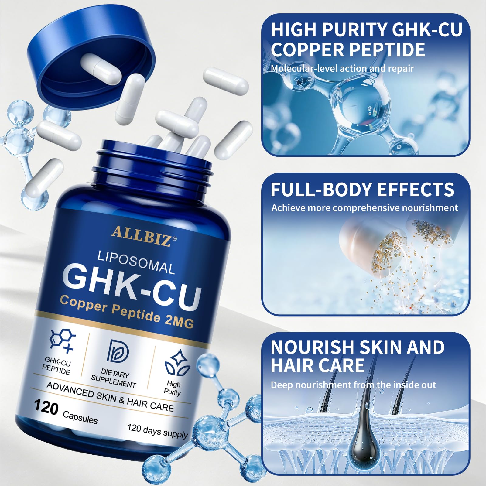 ALLBIZ Liposomal GHK-Cu Copper Peptide, 314mcg Copper Peptides for Skin Structure, Hair Texture & Scalp Health | Supports Natural Collagen Synthesis | 20X Absorption | Vegan, Non-GMO | 120 Capsules — Amazon image 4